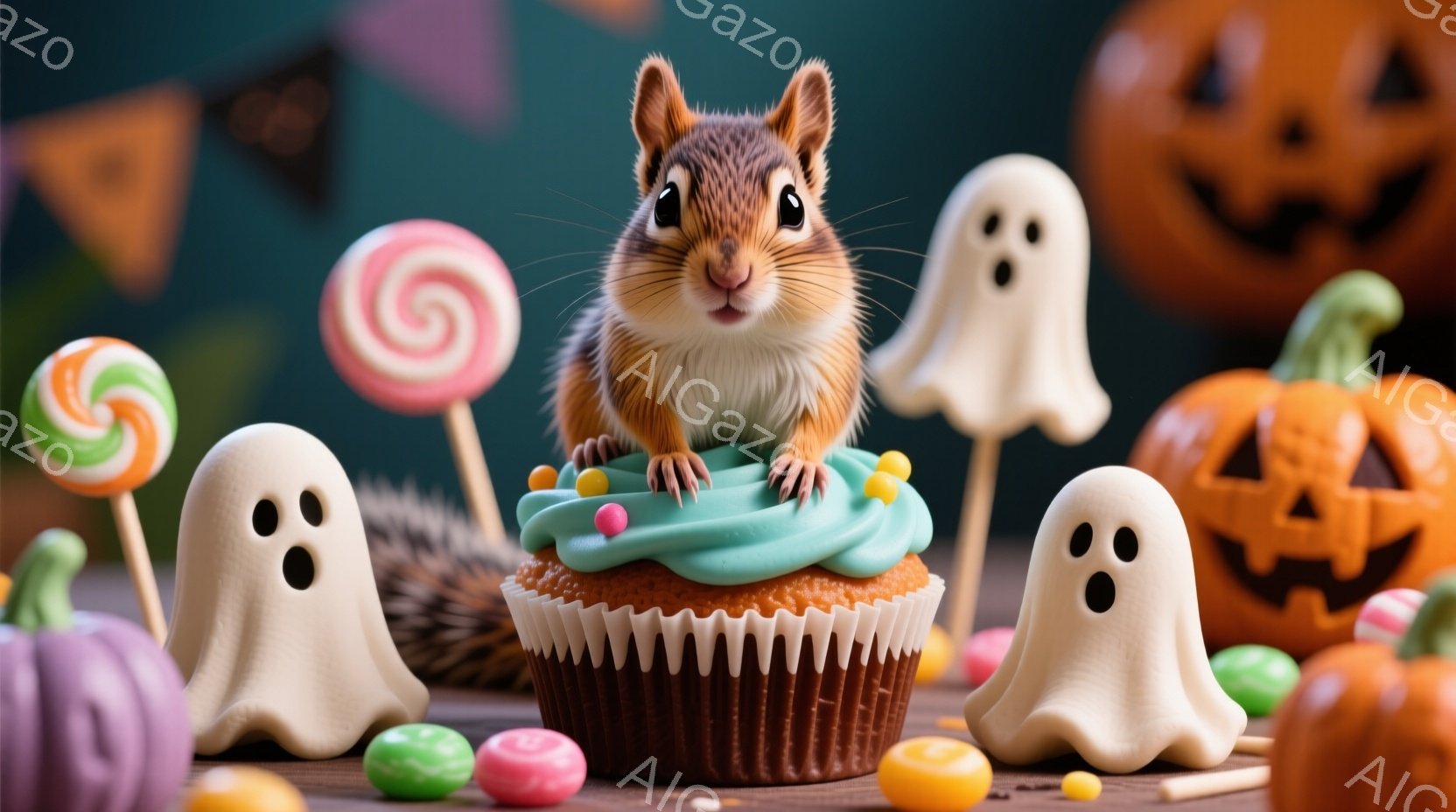ハロウィーンをテーマにした画像で、リスが大きなカップケーキの上に座っています。リスは少し驚いたような表情で、周囲にはお菓子やハロウィーンの飾り（カボチャのランタン、お化け）が散らばっています。背景は暗 - AI生成フリー素材