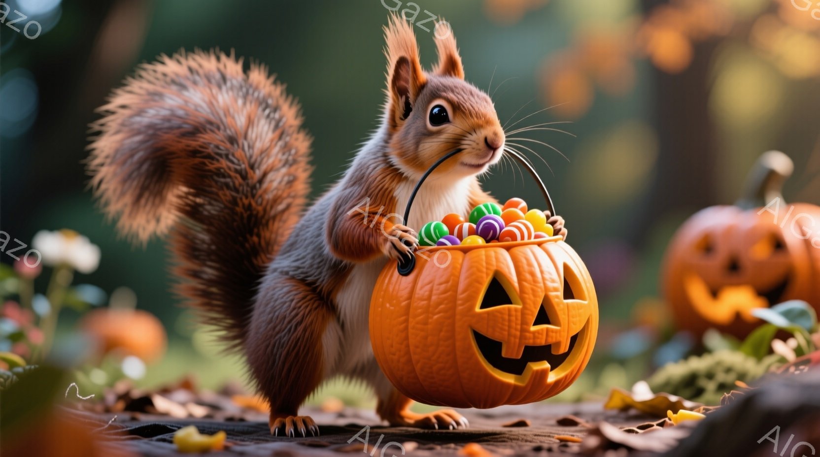 リスがハロウィーンのバケツ型のカボチャを持って立っており、中にはカラフルなキャンディが入っています。リスは明るい表情で、ふさふさの尻尾が特徴的です。背景には、他のカボチャや落ち葉があり、秋の暖かく、お祝いの雰囲気を感じさせます。