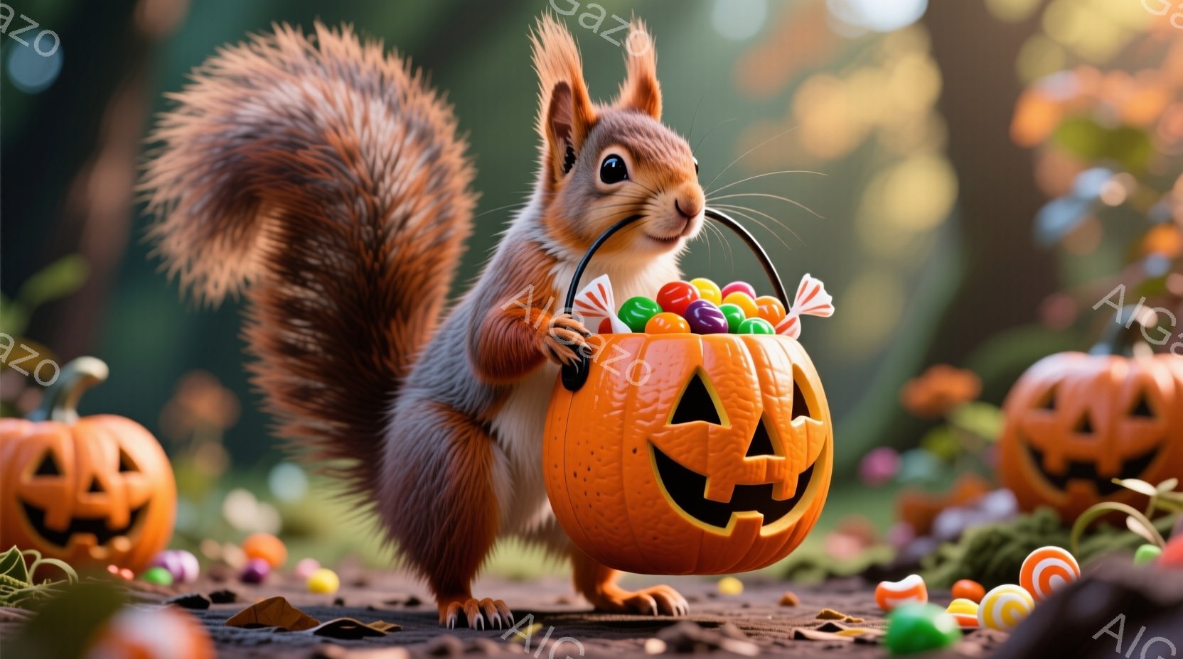 リスがカボチャの形をしたバケツを持って立っており、中には色とりどりのキャンディーが入っています。背景には、ハロウィーンの装飾である他のカボチャと、落ち葉が散らばる自然の風景が広がっています。全体的に、 - AI生成フリー素材
