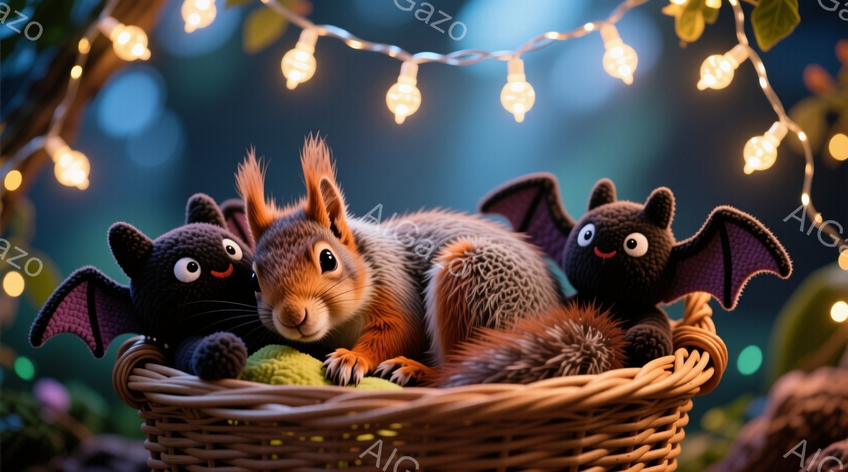 カゴの中にリスと２つの編みぐるみコウモリがいます。リスは茶色い毛並みで、丸い目と可愛らしい表情をしています。背景は緑豊かな自然で、ぼんやりとした光が点在し、カゴを囲むように電飾が輝いていて、暖かく幻想 - AI生成フリー素材