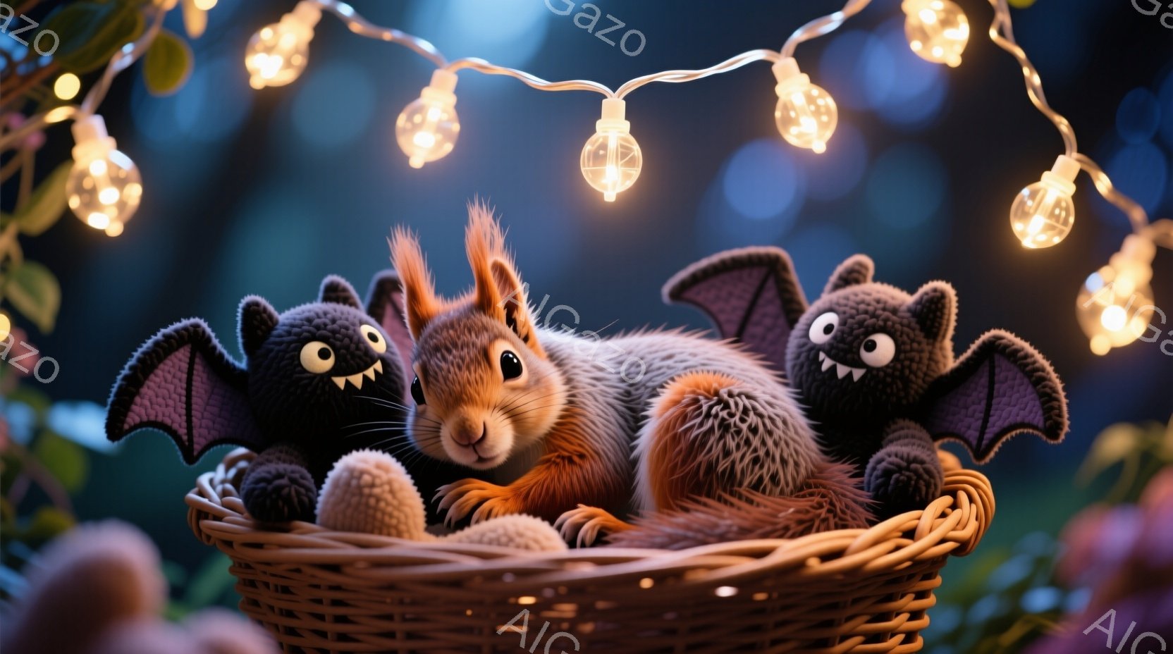 籠の中に、ふわふわの毛並みを持つリスが横たわっており、両脇には黒いコウモリのぬいぐるみがあります。リスは前足を組み、穏やかな表情でこちらを見ており、背景にはぼんやりとした緑と、温かい光を放つ電飾が飾ら - AI生成フリー素材