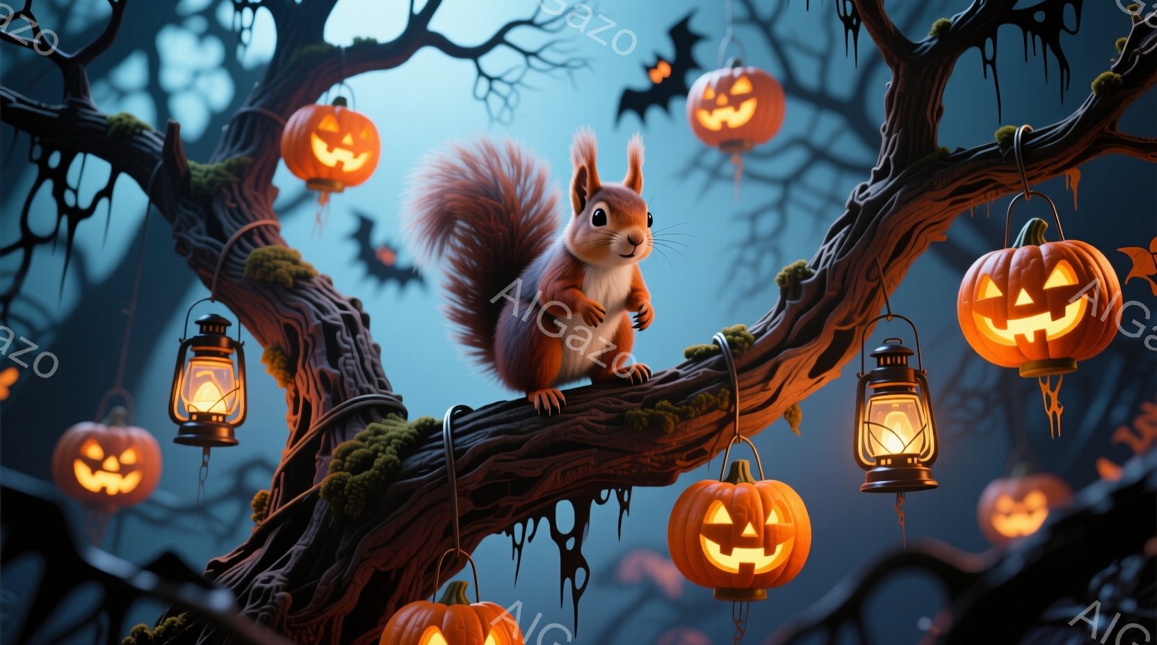 太い木の枝に、鮮やかなオレンジ色のリスがちょこんと座っています。リスは前足を揃え、好奇心と楽しそうな表情でこちらを見ており、背景にはハロウィーンの装飾であるカボチャのランタンやコウモリが浮かんでいます - AI生成フリー素材