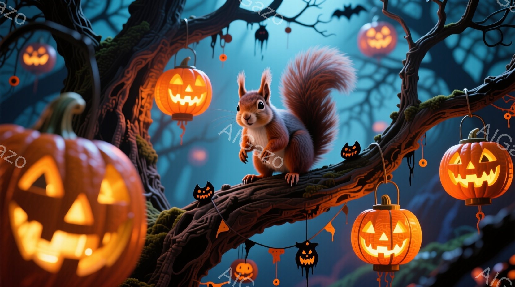 木の枝にリスが座っており、ハロウィーンの飾り付けが周囲を彩っています。リスはふさふさとした茶色の毛並みで、好奇心に満ちた表情でこちらを見ています。背景は暗い森で、切り株やランタン、黒猫の飾り付けが、不 - AI生成フリー素材