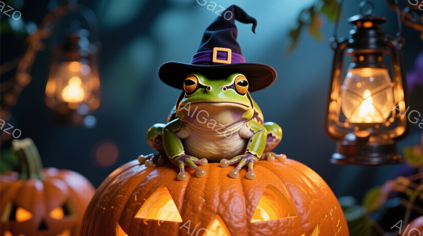 緑色のカエルがハロウィーン用のくり抜かれたオレンジ色のカボチャの上に座っており、頭には黒い魔女帽子をかぶっています。カエルの表情は穏やかで、少し微笑んでいるように見えます。背景には、ぼんやりとした緑色の植物と、オレンジ色の光を放つランタンがいくつか見え、ハロウィーンの夜の神秘的な雰囲気を醸し出しています。