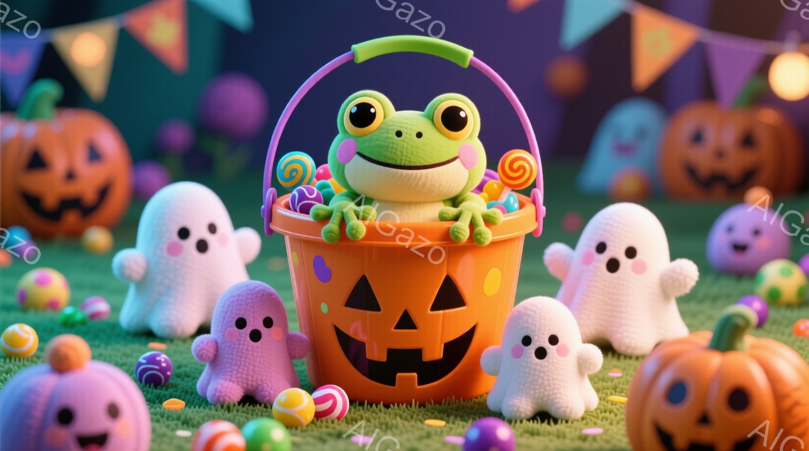 オレンジ色のハロウィーンのバケツの中に、緑色のカエルが座っており、バケツにはキャンディーがいくつか入っています。周囲には、白いお化けやオレンジとピンクの小さなカボチャが散らばっており、緑色の芝生の上に - AI生成フリー素材