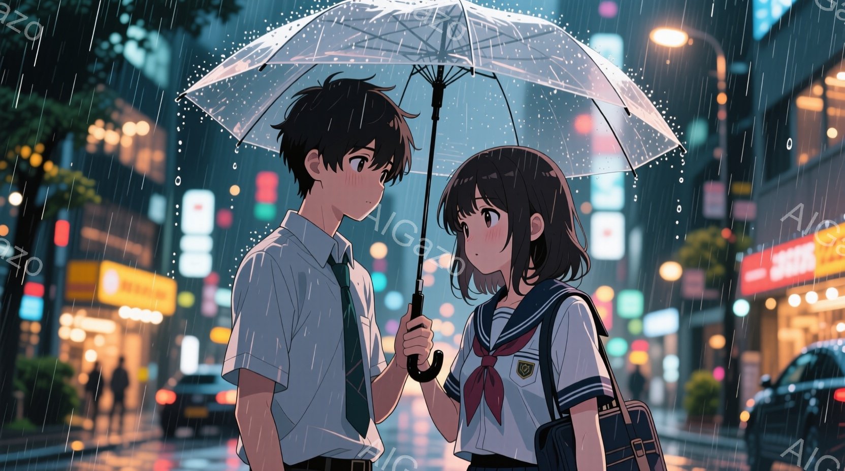 雨が降る夜の街並みを背景に、制服を着た男女が寄り添っている。少年は短い黒髪で、少し照れたような表情を見せ、白いシャツにネクタイを締めている。少女は茶色の短い髪で、セーラー服を着ており、少年を守るように - AI生成フリー素材