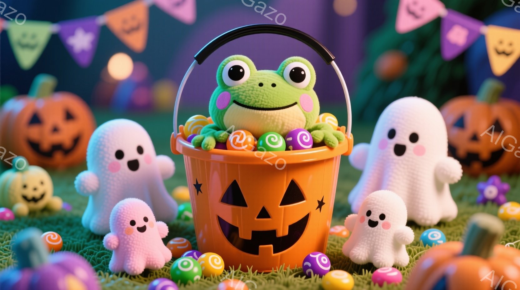 明るい緑色のカエルが、ハロウィーンのオレンジ色のカボチャのバケツの中に座っており、カラフルなキャンディーに囲まれています。バケツの周りには、可愛らしいピンク色の幽霊たちが集まり、緑色の芝生の上に点在す - AI生成フリー素材