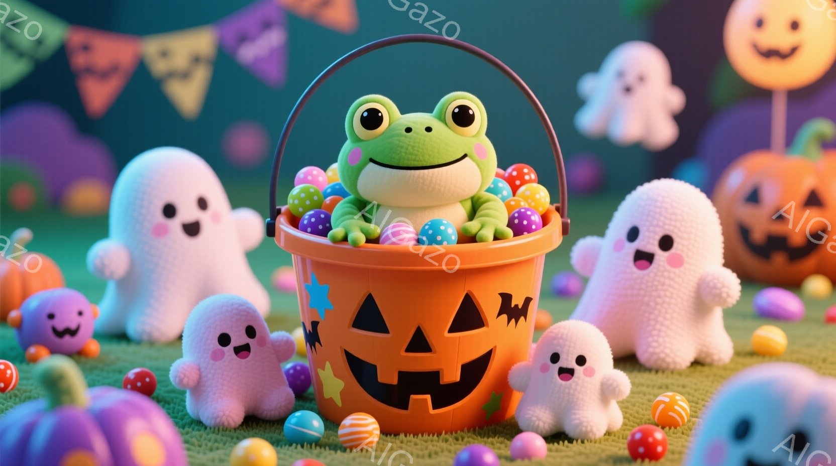 明るい緑色のカエルが、ハロウィーンのジャック・オー・ランタンのバケツの中に座っています。バケツの中にはカラフルなキャンディーが溢れ、周りには可愛らしいピンク色の幽霊たちが集まっています。背景には緑の芝 - AI生成フリー素材