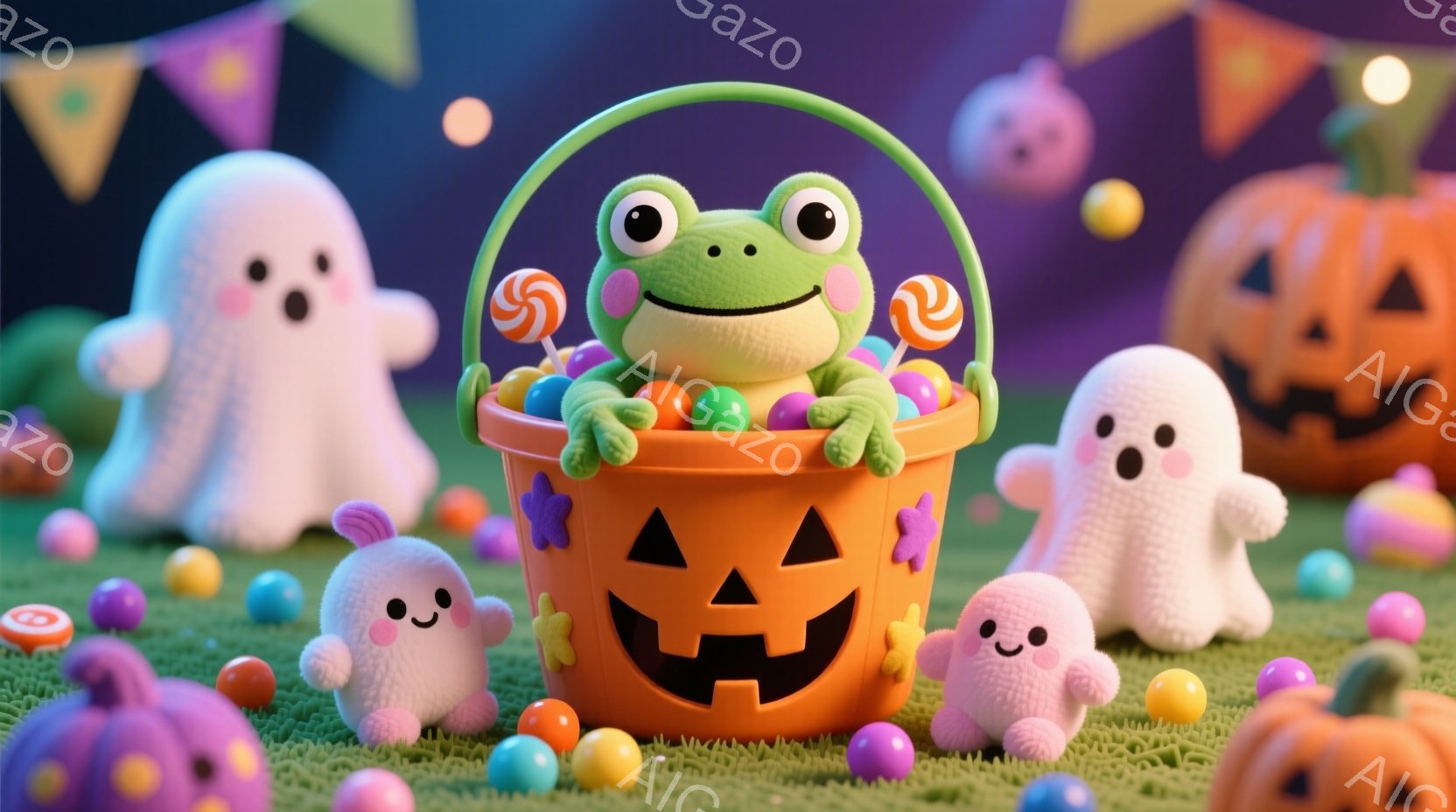 クレイアニメーションスタイルで作られたホロコーストのような場面を描写しています。主要なキャラクターとして、小さな緑色の吸血鬼が彩色されたハロウィンの風味の中に入っていることが特徴です。その周りには、様々なホロコーストキャラクターが描かれており、全体的に明るく楽しい雰囲気を持っています。主要な吸血鬼の表情は安心できるように平和で、眼球を大きく開けたり、ハンドバッグを抱えたりしています。その他のキャラクターも同様に落ち着いており、笑顔を見せるなど、彼らは場面を明るく温かく描写されています。背景はハロウィンのコテージや落葉樹、星空とホロコーストによく見られる特徴です。