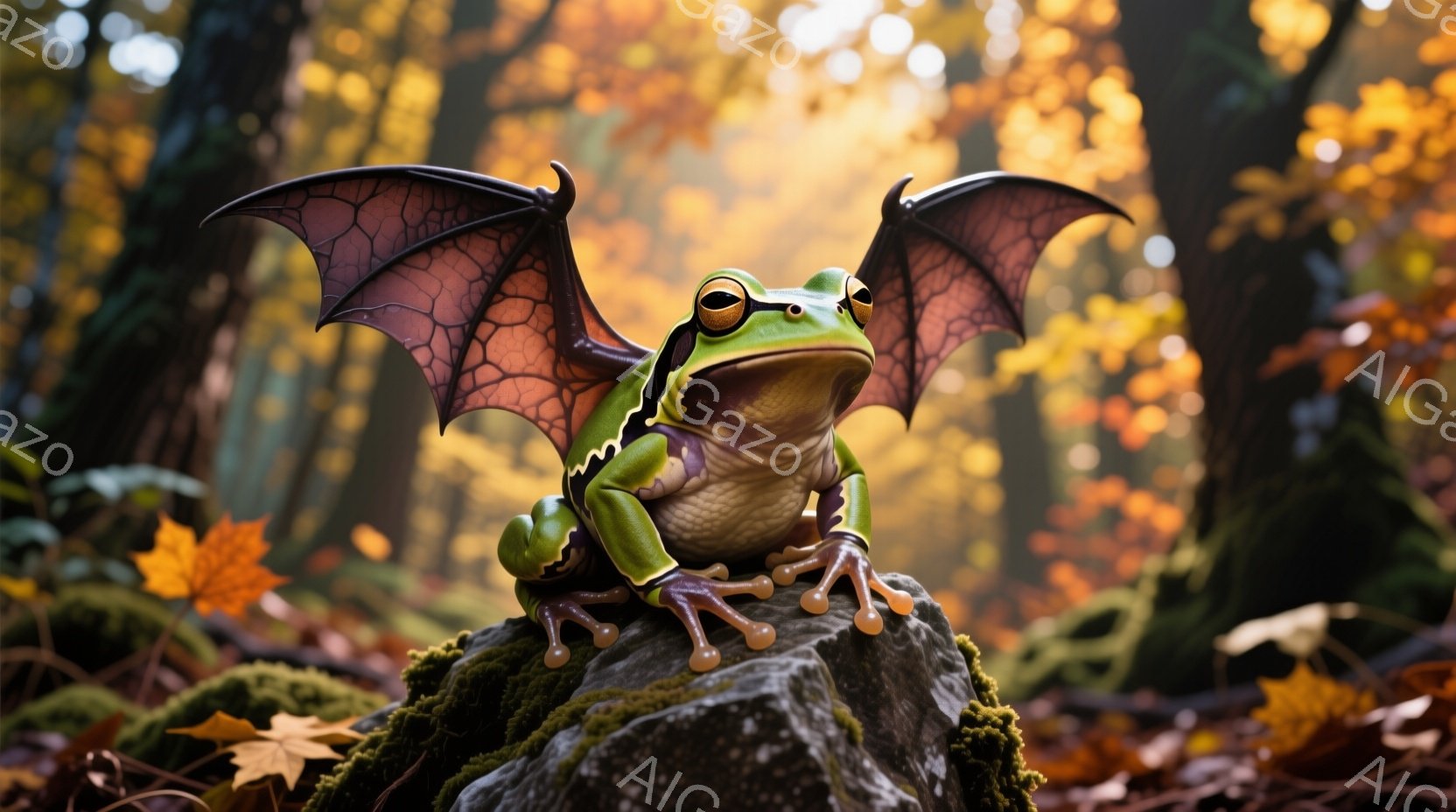 緑色の木立の中に、翼を持つカエルが苔むした岩の上に座っています。カエルは正面を見据え、鋭い視線で何かを見つめているようで、翼を広げています。背景には秋の紅葉が散りばめられ、光が差し込むことで幻想的な雰囲気を作り出しています。