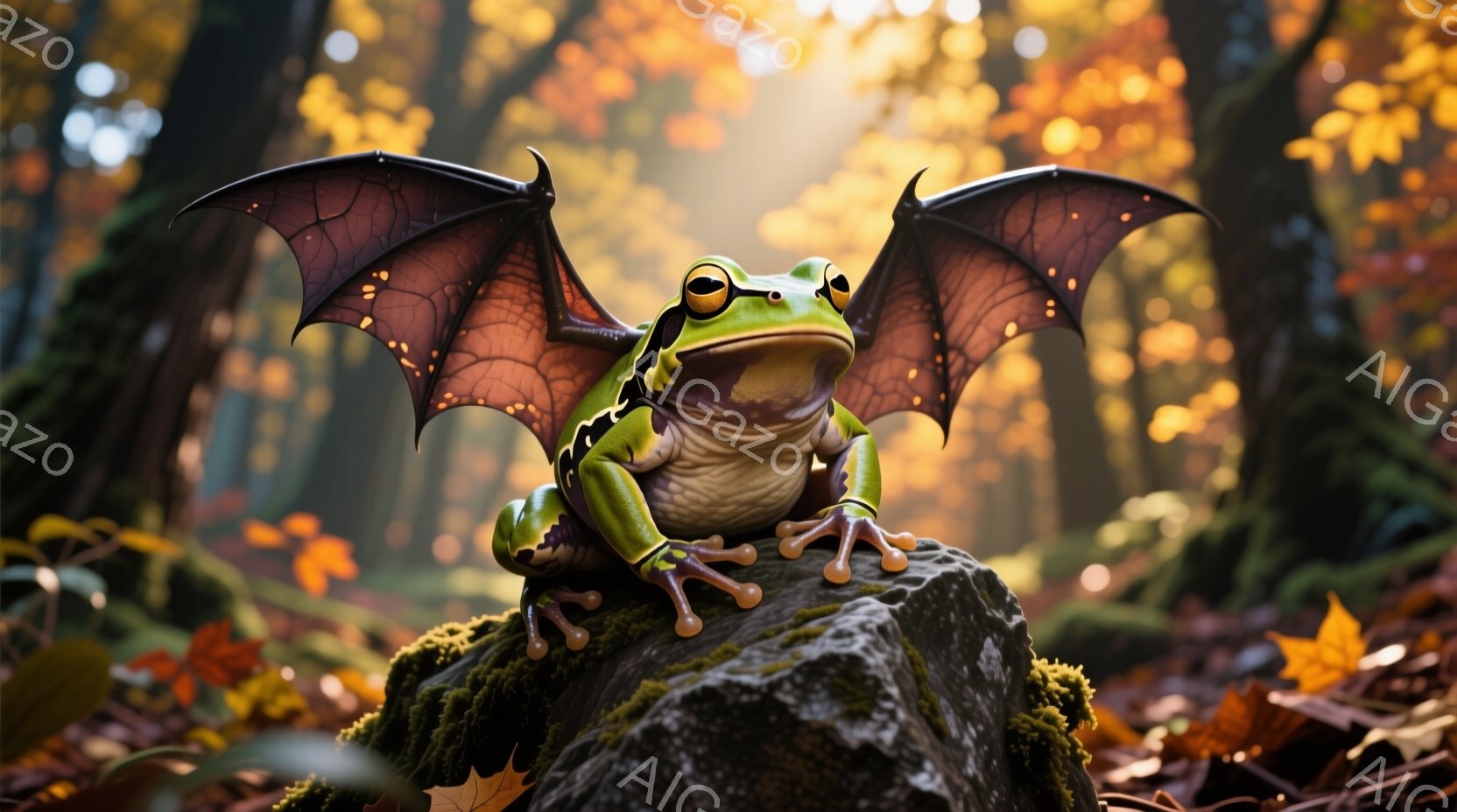緑色のカエルが苔むした岩の上に座り、まるで翼のような黒い膜状の構造を広げています。背景は秋の森林で、落ち葉が散りばめられ、木々の間から差し込む光が幻想的な雰囲気を醸し出しています。カエルは前足を広げ、自信に満ちた表情で、まるで自然界の守護者のようです。