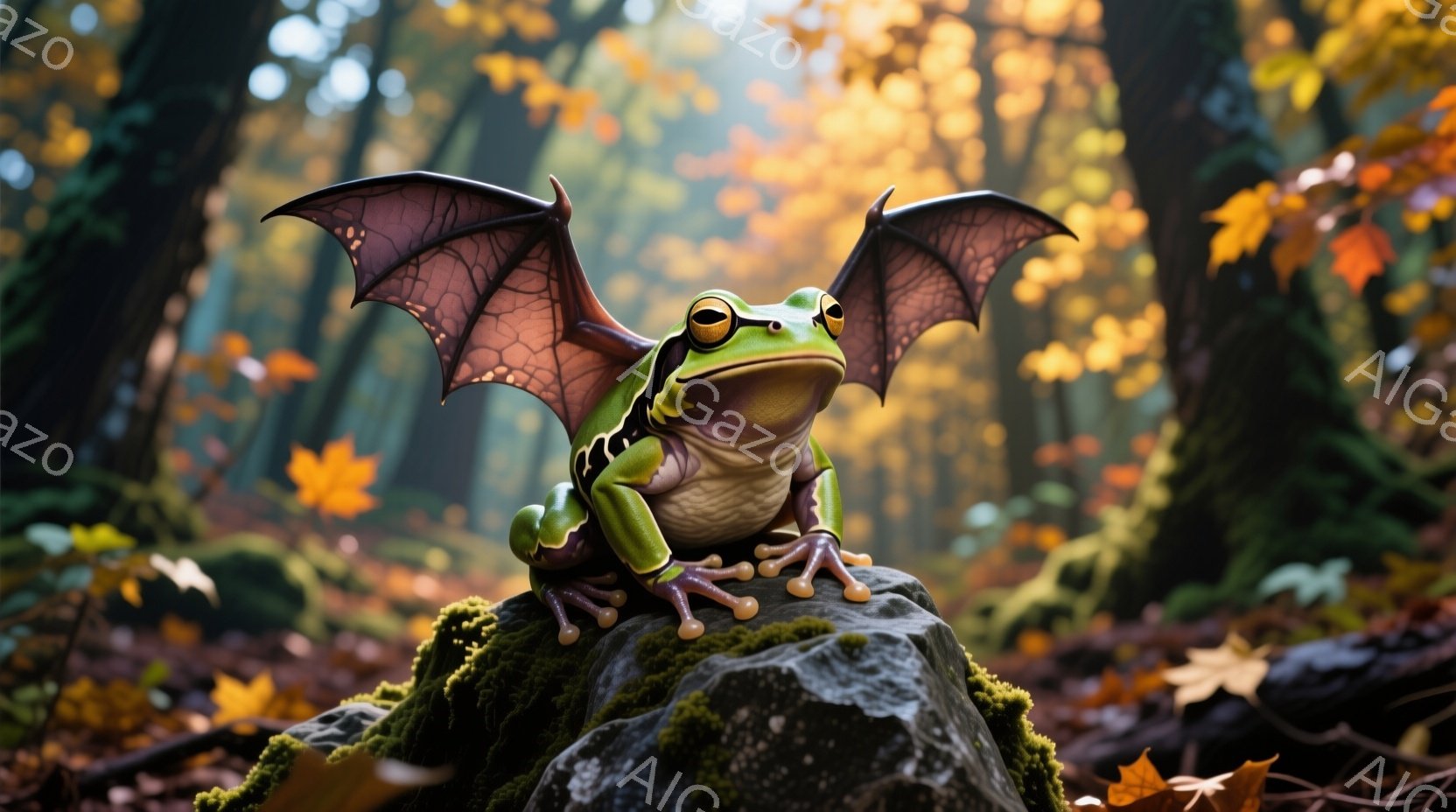 鮮やかな緑色のカエルが、岩の上に翼を広げて座っています。背景は秋の森林で、落ち葉が散りばめられ、光が差し込んで美しい木漏れ日が作られています。全体的にファンタジーで神秘的な雰囲気が漂っています。 - AI生成フリー素材