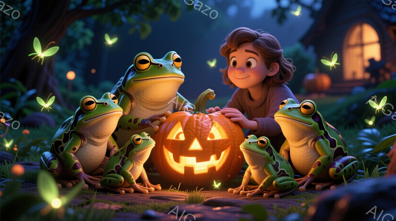 茶髪の巻き髪の少年が、ジャック・オー・ランタンに囲まれた緑色のカエルたちと地面に座っています。少年は紫色のセーターを着ており、微笑んでおり、周囲には光るホタルが舞い、遠くにはライトアップされた家が見えます。 全体的に、温かく幻想的なハロウィーンの夜の雰囲気が漂っています。