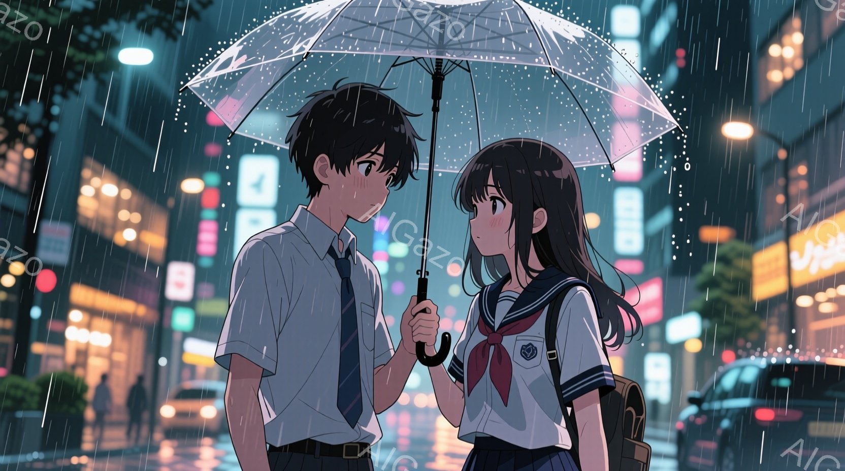 少年と少女が雨の中、傘を共有している。少年は白いシャツにネクタイ、少女はセーラー服を着ており、共にリュックサックを背負っている。背景には夜の街並み、信号、車、そして雨が降り注ぐ様子が描かれ、少し切ない - AI生成フリー素材