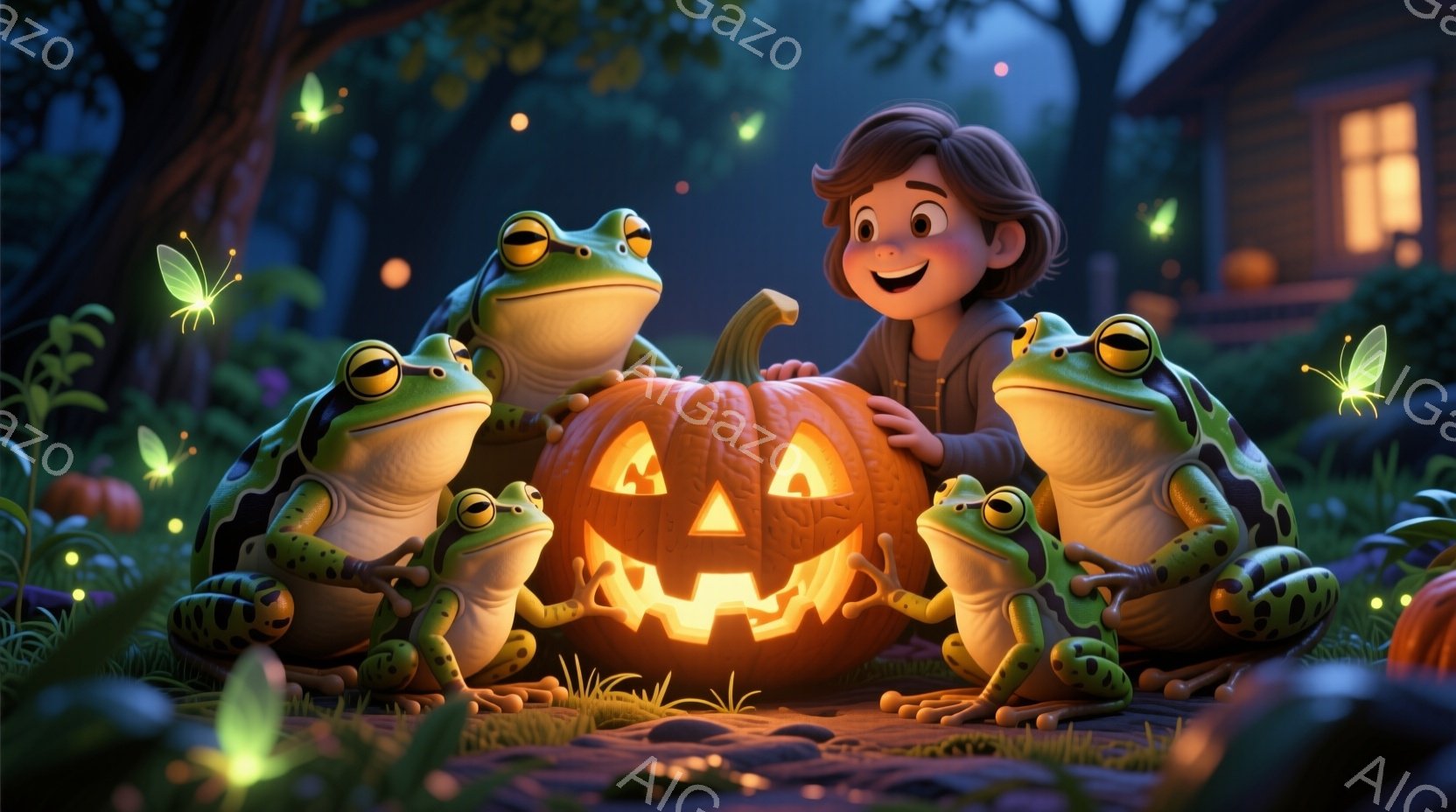 小さな少年は、ジャック・オー・ランタンの周りに集まったカエルたちと、森の中で温かい光に包まれています。少年は茶色の髪で、オレンジ色のセーターを着ており、楽しそうな笑顔を浮かべています。背景には、ライトアップされた窓のある小さな家が見え、暗い森の中に、光るホタルが舞い、ハロウィンの夜の不思議で温かい雰囲気を醸し出しています。