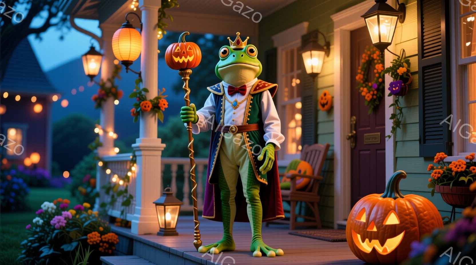 明るい緑色のカエルが、豪華な王族の衣装を身に着け、ベランダで威厳のある姿で立っています。紫色のマントと金のトリムが施された服を着ており、頭には王冠を載せ、片手に彫刻が施された杖を持っています。背景には、ハロウィーンの装飾が施された家があり、カボチャのランタンが輝き、祝祭的な雰囲気を醸し出しています。