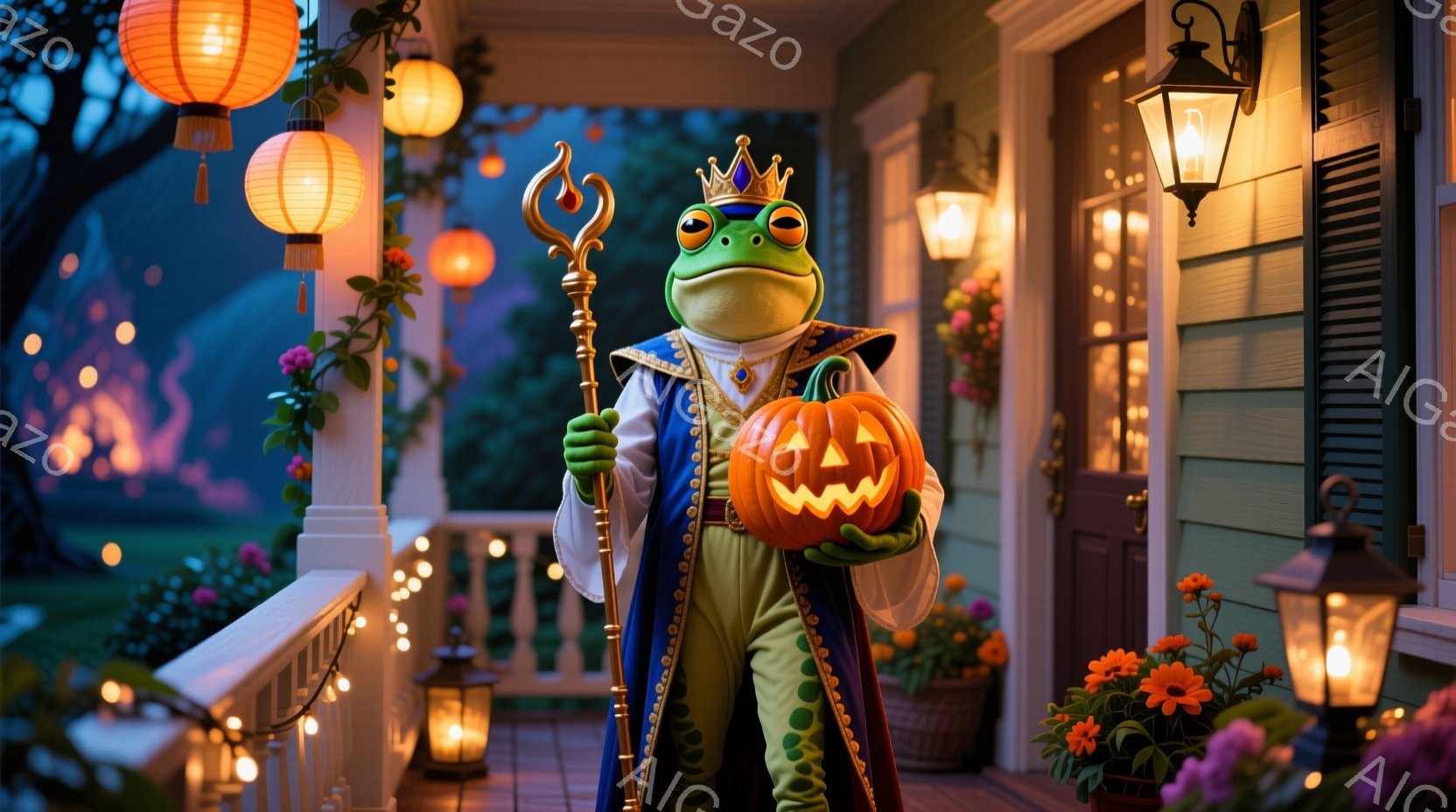 カエルの姿をした人物が、王冠と豪華なマントを身につけ、装飾的な杖と彫刻されたジャック・オー・ランタンを持って立っています。背景は、装飾されたポーチと、オレンジ色の提灯や光で飾られた庭園のある住宅で、ハロウィーンの雰囲気を感じさせます。全体的に、幻想的で祝祭的なムードが漂っています。