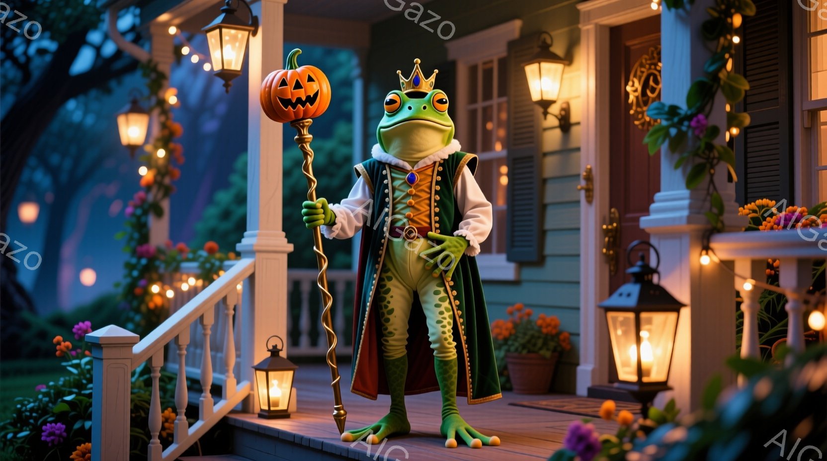 緑色のカエルが、王冠と豪華なマントを身に着け、金色の杖を持った姿が描かれています。彼は正面をまっすぐ見つめ、自信に満ちた表情を浮かべています。背景には、ハロウィーンの飾り付けが施された家と、オレンジと紫色の花が咲き乱れる庭園があり、夜の落ち着いた雰囲気の中で、秋の訪れを感じさせます。