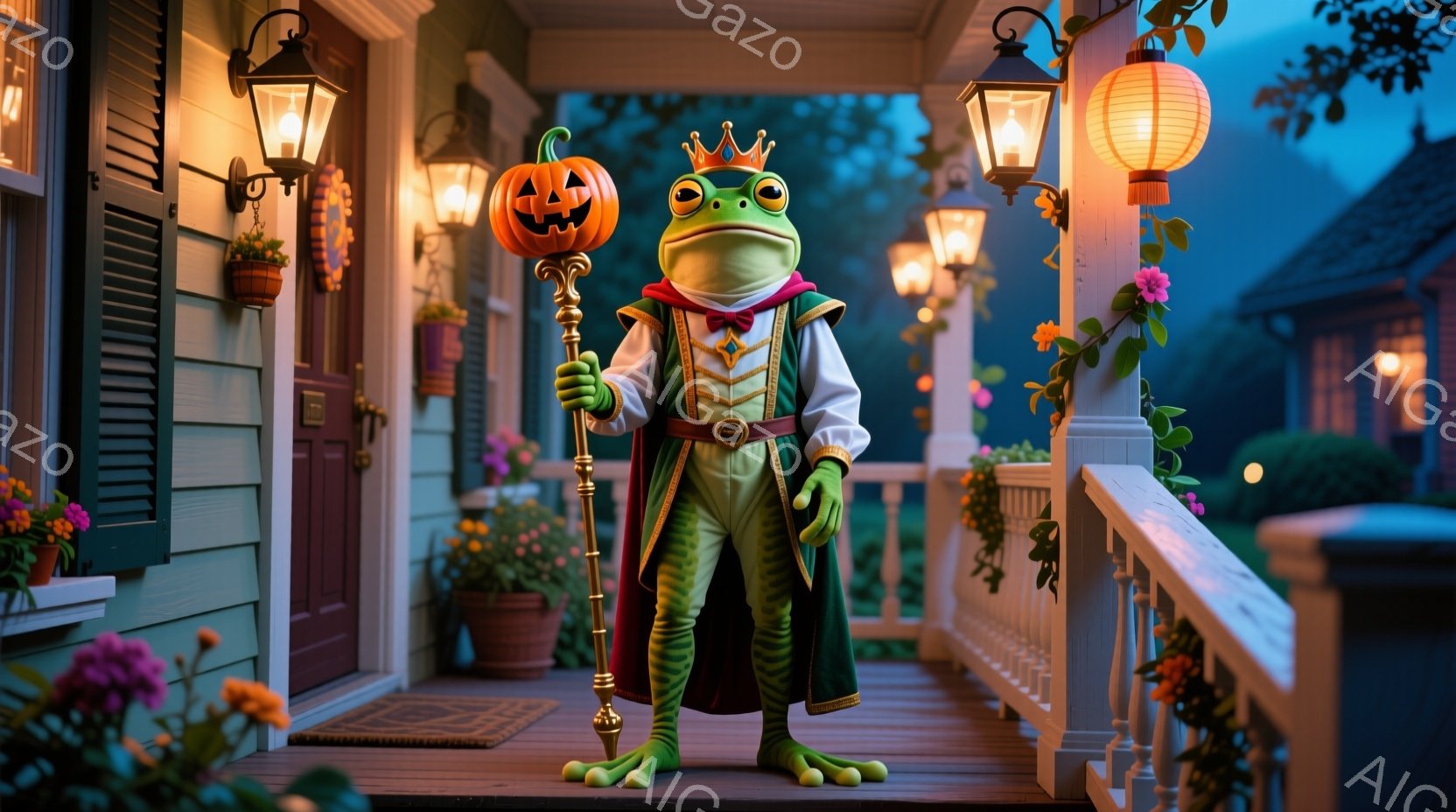緑色のカエルが王冠とマントを身に着け、杖を持ってベランダに立っている。背景には、装飾された植物と提灯が飾られたアメリカ風の家があり、ハロウィーンの夜を思わせる雰囲気である。暖色系の照明と装飾が、お祝いムードを強調している。