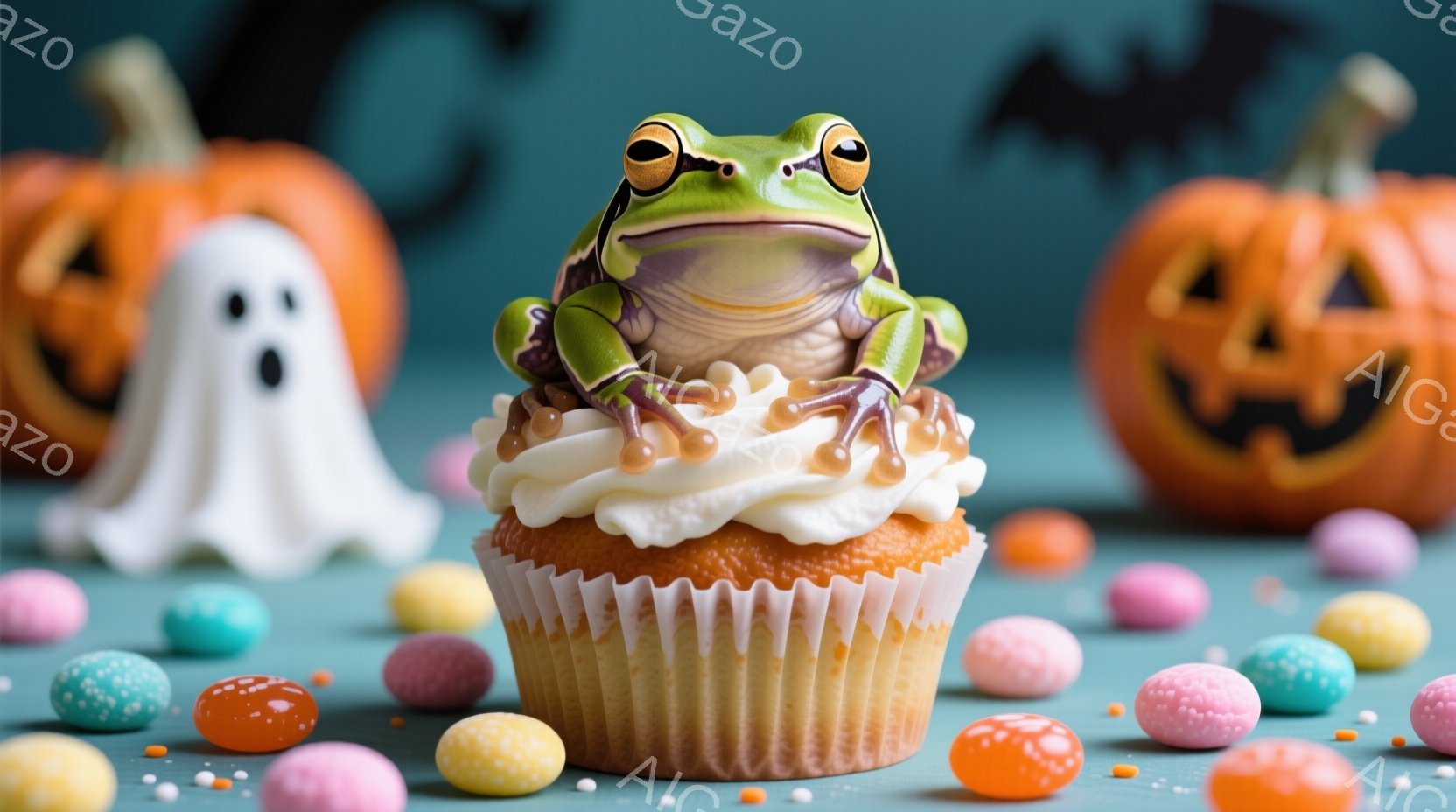 緑色のカエルが、クリームとオレンジ色のラッピング紙で飾られたカップケーキの上に座っています。背景には、ハロウィーンのジャック・オ・ランタンと幽霊が配置され、色とりどりのキャンディが散りばめられています。全体的に、遊び心があり、お祭り気分を醸し出す、愛らしい雰囲気です。