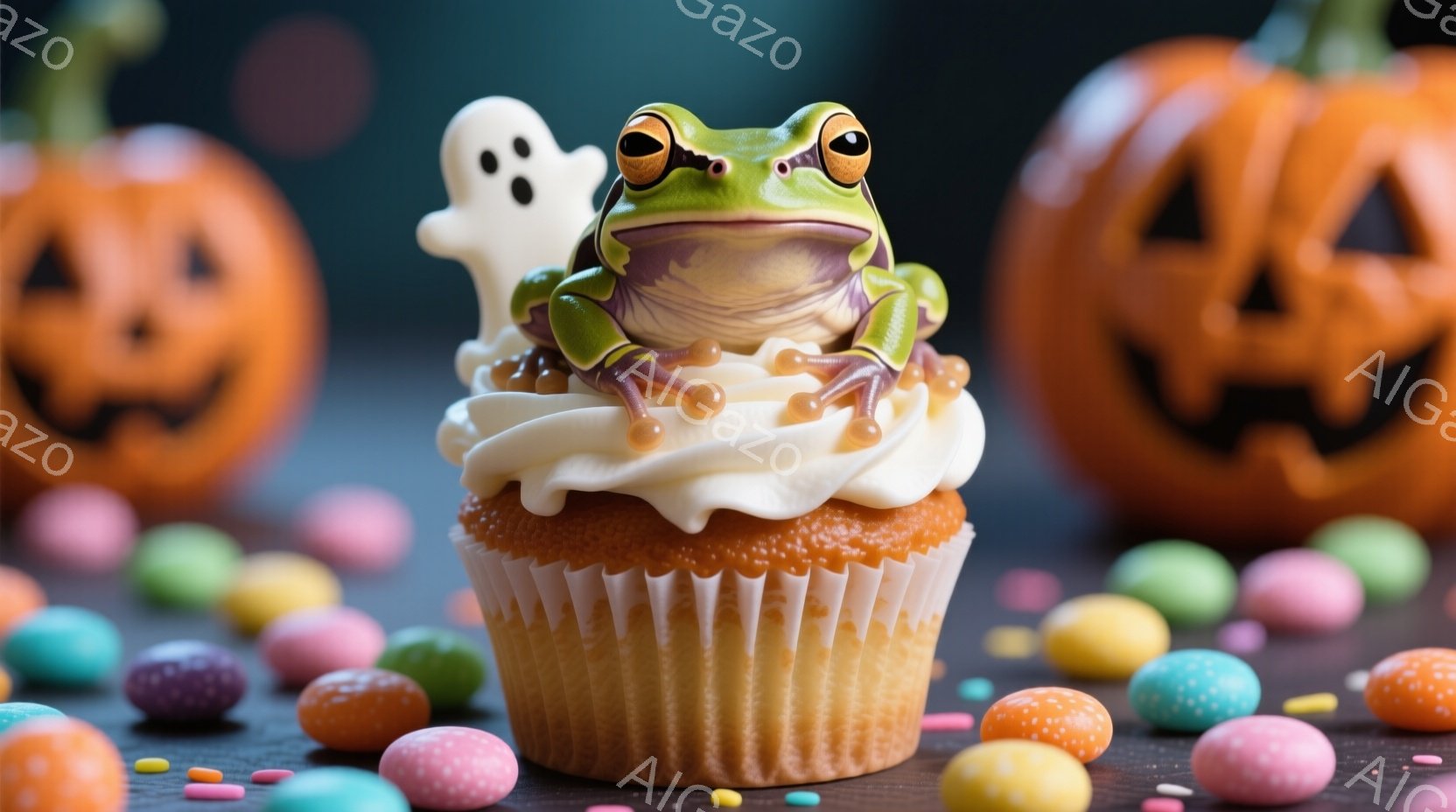 白いクリームが塗られたオレンジ色のカップケーキの上に、可愛らしいカエルがちょこんと座っています。カエルは小さな白い幽霊の衣装を着ており、まるでハロウィンのパレードに参加しているかのようです。背景には、ジャック・オー・ランタンとカラフルなキャンディーが散らばっており、お祭り気分を盛り上げています。