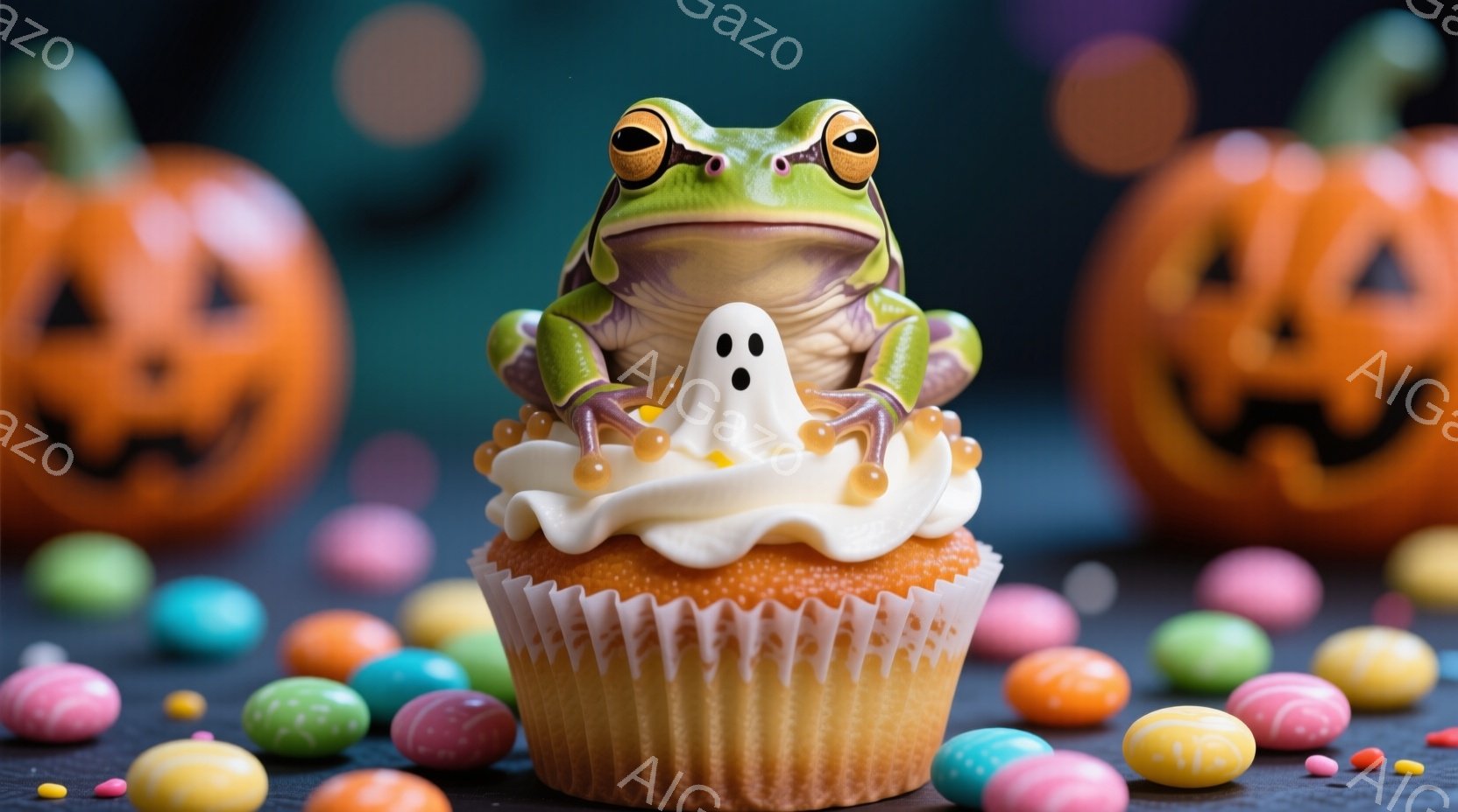 カエルのキャラクターが、クリームを乗せたオレンジ色のカップケーキの上に座っています。可愛らしいお化けの衣装を身に着け、楽しそうな表情をしています。背景にはハロウィーンのジャック・オ・ランタンと、色とりどりのキャンディーが散りばめられ、お祝いムードが高まっています。