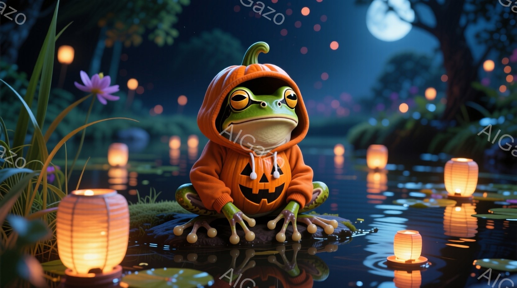 暗い池に、ハロウィーンの衣装を着たカエルが丸太の上に座っています。カエルはオレンジ色のカボチャのパーカーを着ており、楽しそうな表情をしています。背景には、ぼんやりとした光を放つ提灯や蓮の花が浮かび、月明かりが水面に反射して幻想的な雰囲気を作り出しています。