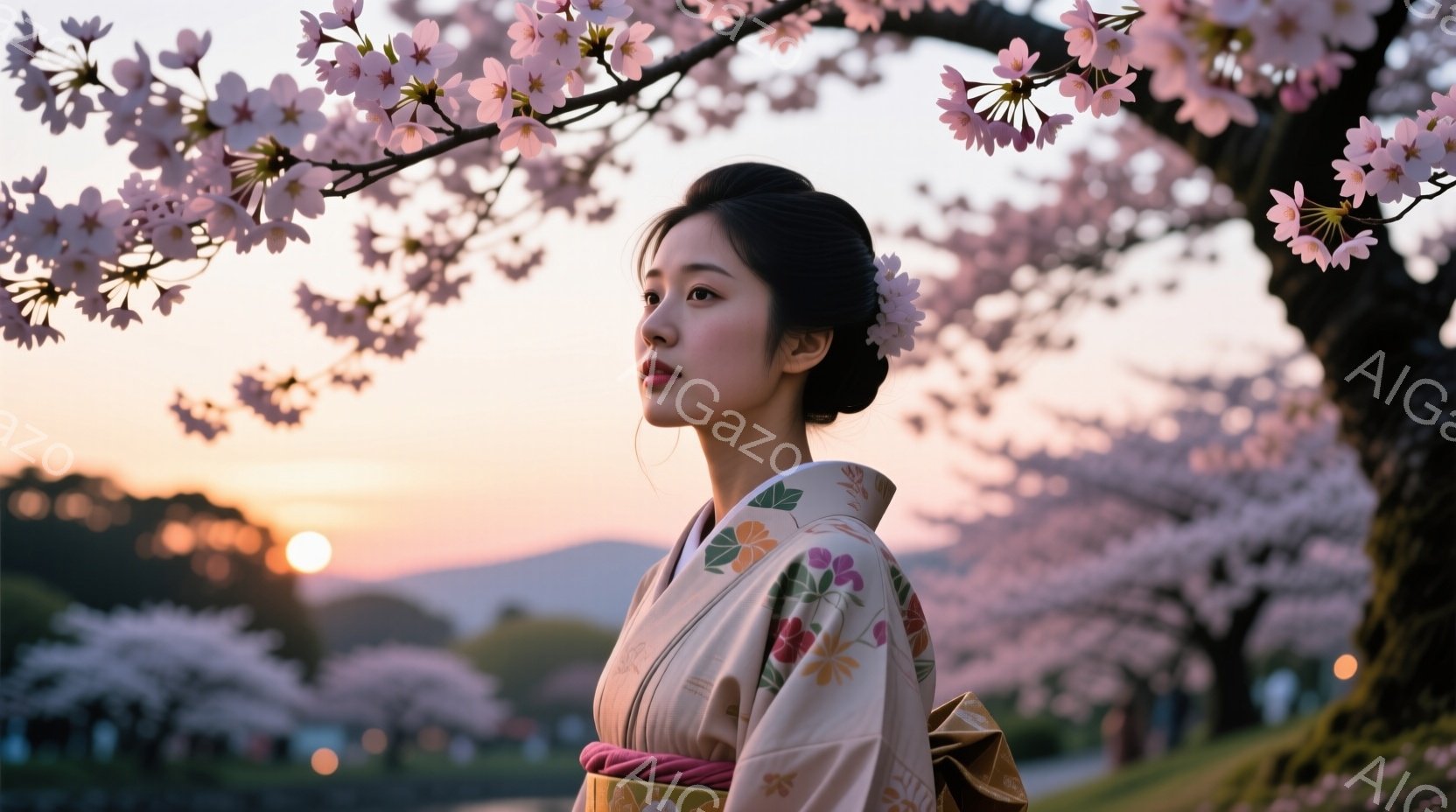 桜並木を背景に、着物を着た若い女性が横を向いています。彼女はクリーム色の着物で、ピンクと緑の小さな花柄が描かれており、髪には桜の花飾りをつけています。穏やかな表情で、遠くを見つめており、夕焼け空と桜の花びらが、春の暖かく静かな雰囲気を醸し出しています。