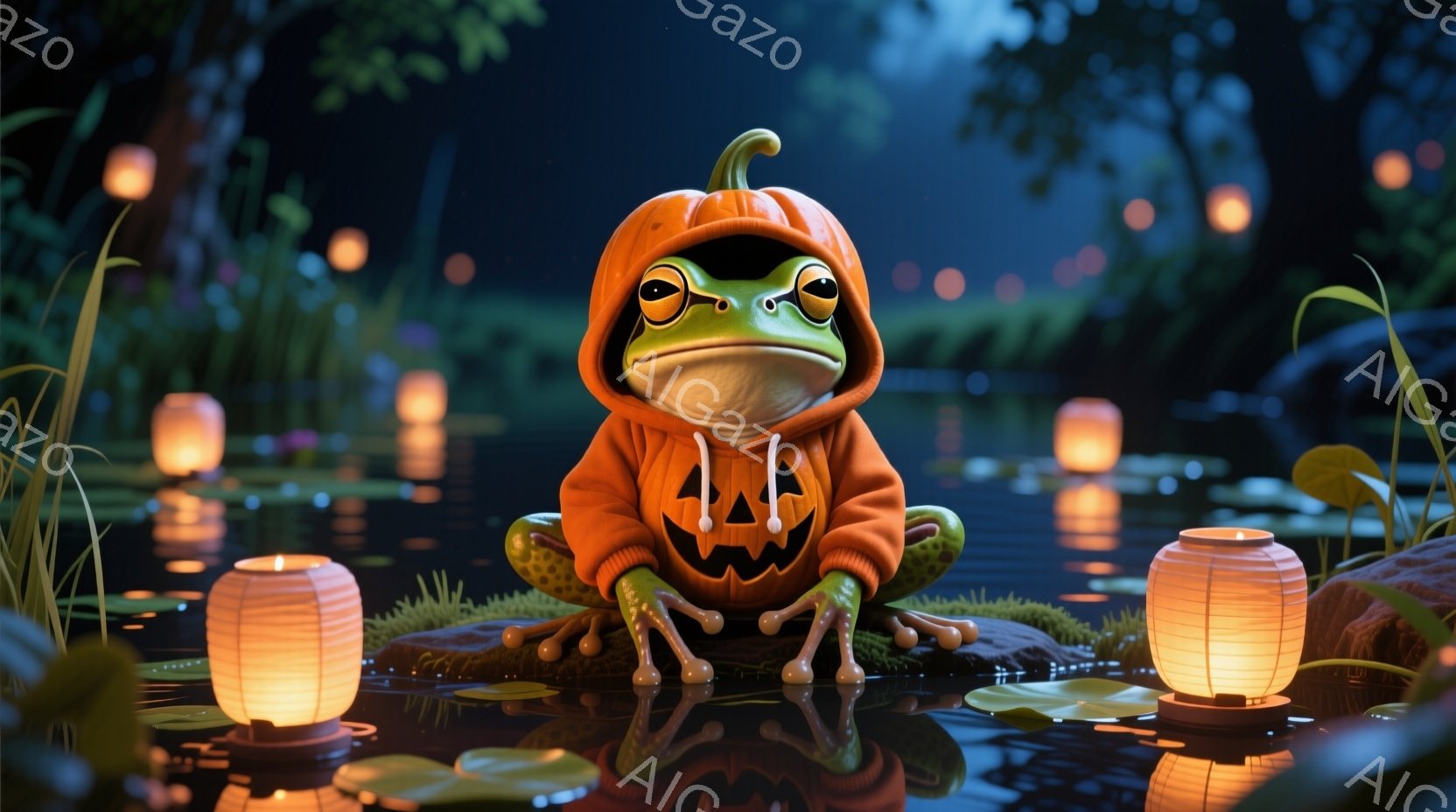 カエルがハロウィーンのランタン風の衣装を着て、水面に浮かぶ水草の上に座っています。その表情は穏やかで、少しユーモラスです。背景には、ぼんやりとした緑の植物と、水面に浮かぶ小さな光るランタンが散りばめられており、幻想的で静かな雰囲気を醸し出しています。
