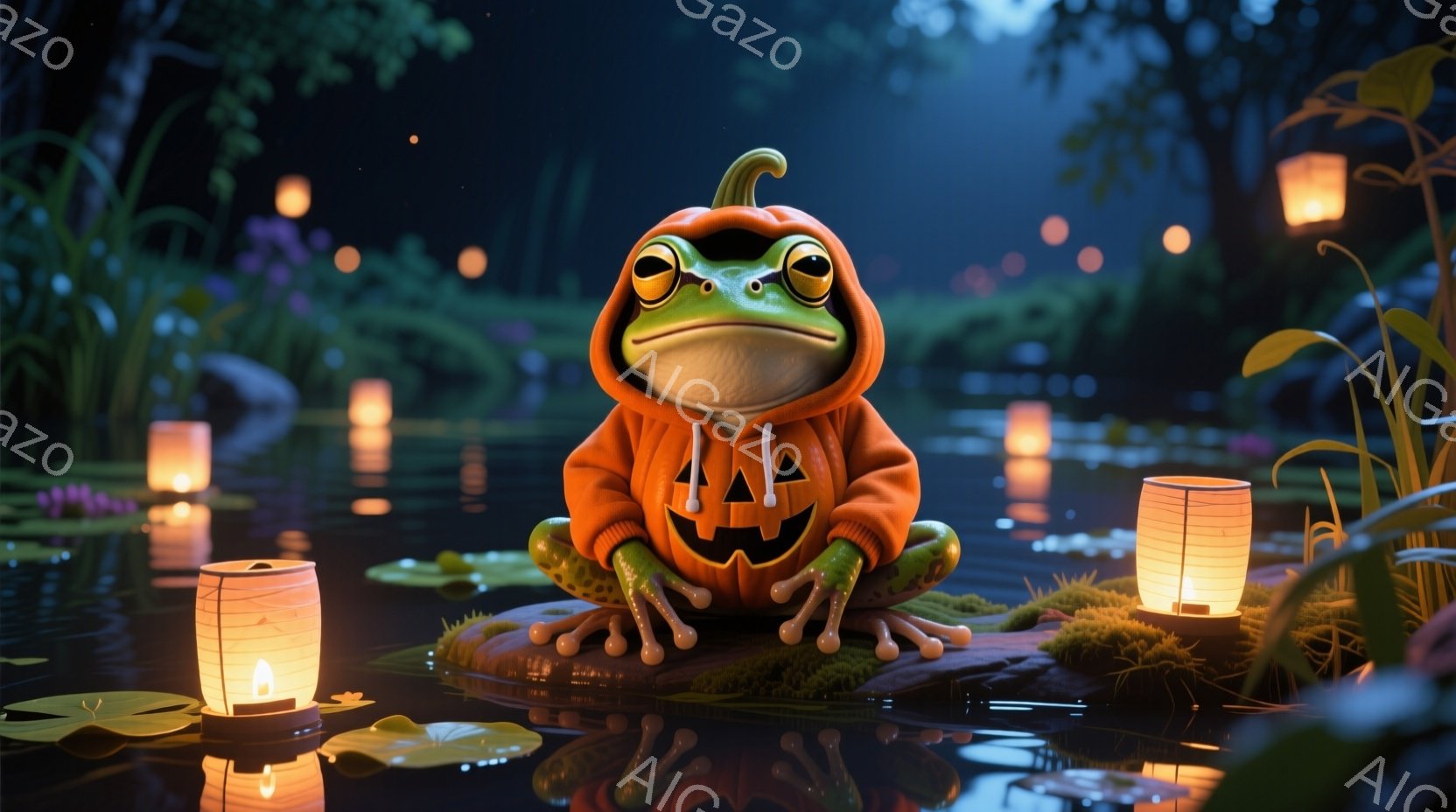 カエルがハロウィーンのジャック・オー・ランタンの衣装を着て、水面に浮かぶ小さな島の上に座っています。周囲には水面を照らす提灯が並び、水には睡蓮の葉が浮かんでいます。背景は暗い森で、全体的に幻想的で温かい雰囲気です。