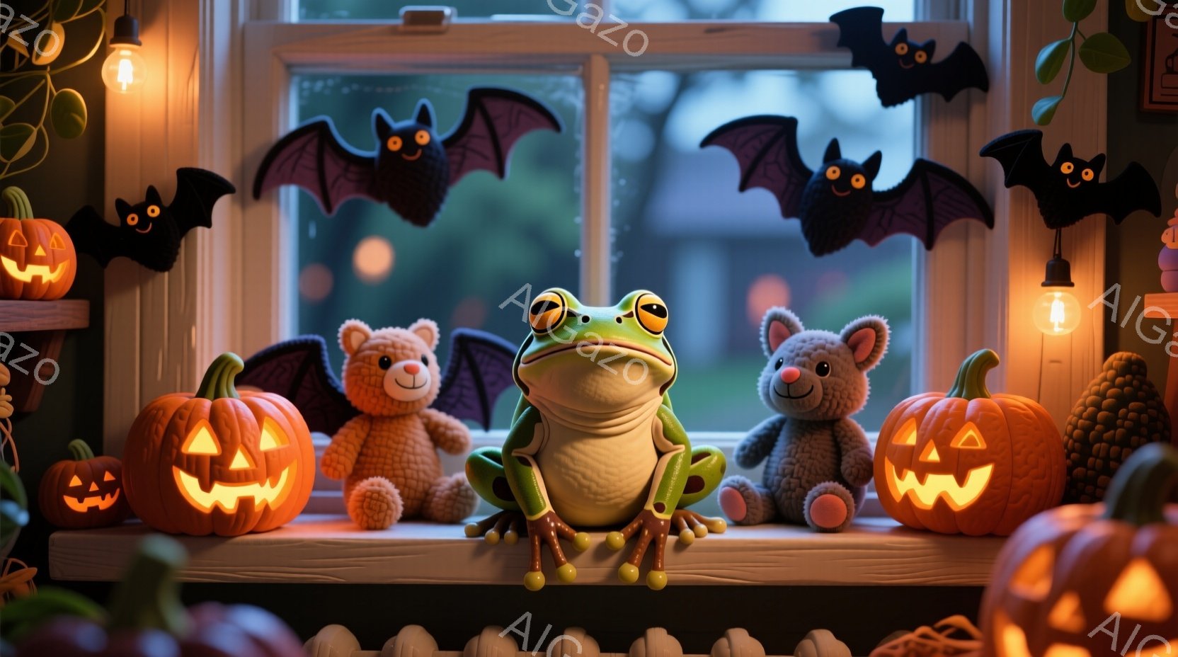 窓辺にカエル、テディベア、そしてハロウィーンのジャック・オー・ランタンが並んでいます。カエルは緑色で、少し笑ったような表情をしています。背景には夜の風景が見え、黒いコウモリが飛び交い、全体的にハロウィ - AI生成フリー素材