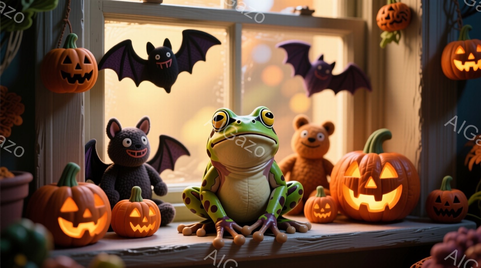 ハロウィーンの飾り付けが施された窓辺に、緑色のカエルが座っています。カエルは紫色のドット柄のベストを着ており、少し驚いたような表情をしています。背景には、ジャック・オー・ランタン、コウモリの飾り、そしてぬいぐるみがあり、全体的に暖かく、お祝いムードの雰囲気です。