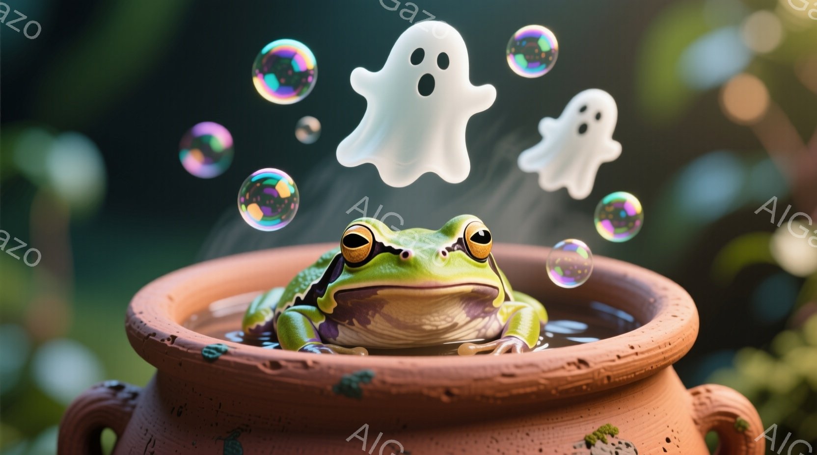 緑色のカエルが、苔むした陶器の鉢に入った水の中に座っています。カエルの表情は穏やかで、周りには水玉と、まるでハロウィーンの飾りのような白い幽霊が浮かんでいます。背景はぼやけた緑で、自然の中でリラックスした雰囲気です。