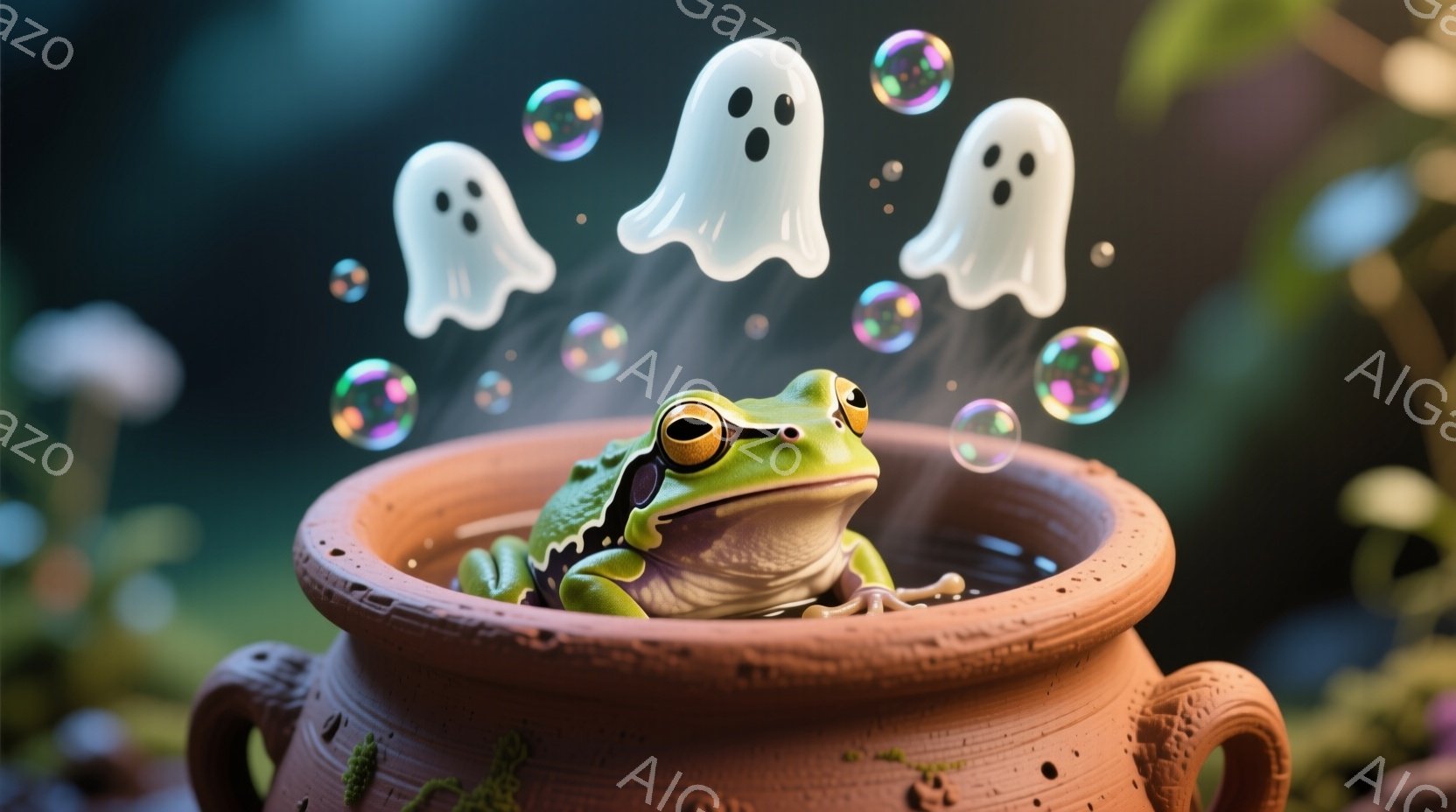 若い緑色のカエルが、苔むしたテラコッタの鉢の中に座っています。周囲には小さな幽霊のような形をした白い影と虹色に輝く泡が浮かび、幻想的な雰囲気を醸し出しています。背景は緑豊かな植物で覆われ、暖かく、穏やかな天候を示唆しています。