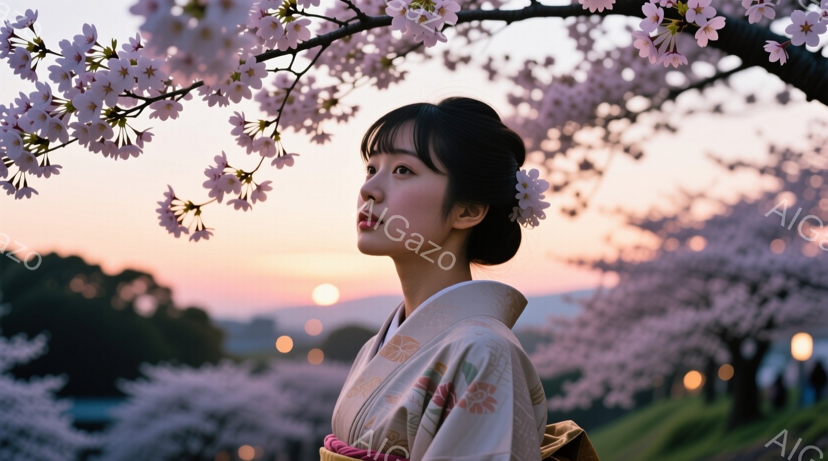 鮮やかなピンク色の桜の花びらが舞う中、着物を着た若い女性が横顔を見せています。彼女は髪を後ろでまとめ、落ち着いた表情で遠くを見つめており、背景には夕焼け空とぼんやりとした風景が広がっています。全体的に - AI生成フリー素材