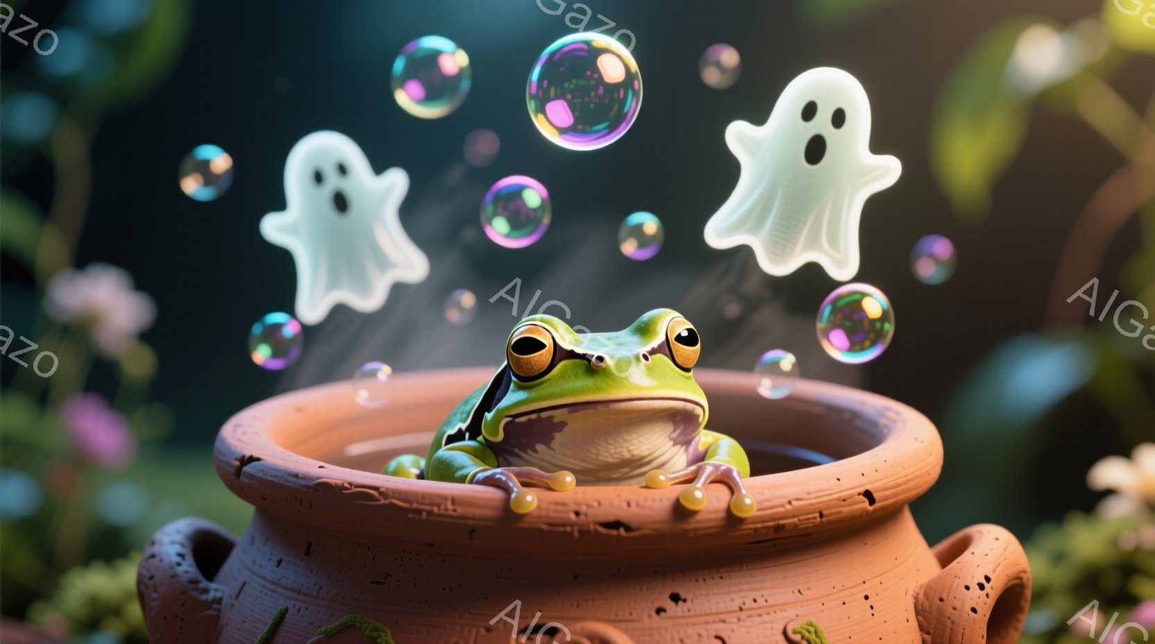 明るい緑色のカエルが、テラコッタの鉢の中でリラックスしています。周りには、半透明の幽霊のような形をしたものが浮遊し、虹色の泡も漂っています。背景はぼやけた緑色の植物で覆われ、ファンタジーのような、遊び心のある雰囲気を作り出しています。