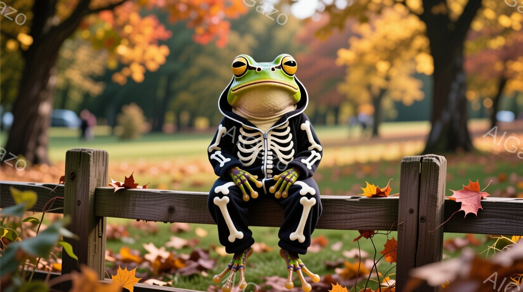 カエルが骸骨柄のスウェットシャツと黒いズボンを身に着けて、木製の柵の上に座っています。表情は控えめで、少し退屈そうに見えます。背景には緑の芝生、紅葉した木々、そしてぼんやりとした建物が見え、秋の穏やかな一日を思わせる、少しユーモラスな光景です。