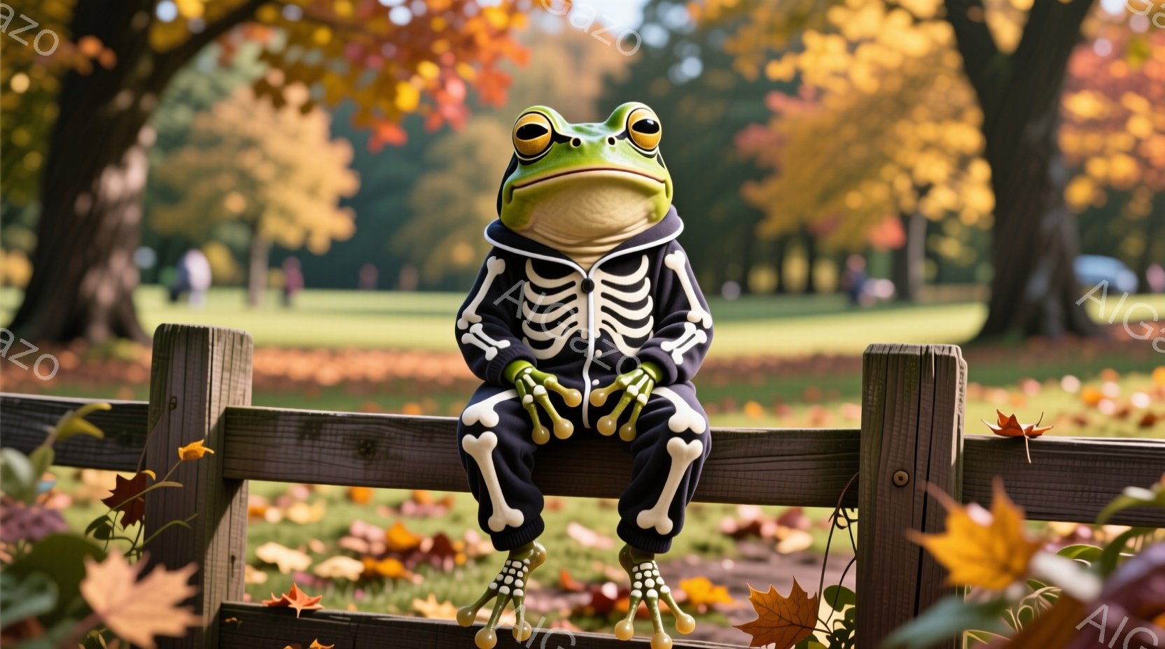 カエルのキャラクターが、骸骨柄のジャンプスーツを着て、木のフェンスに座っています。その表情は少し憂鬱そうで、手は膝の上に置いてリラックスした姿勢です。背景には紅葉した木々と落ち葉が広がり、秋の穏やかな公園の雰囲気が漂っています。