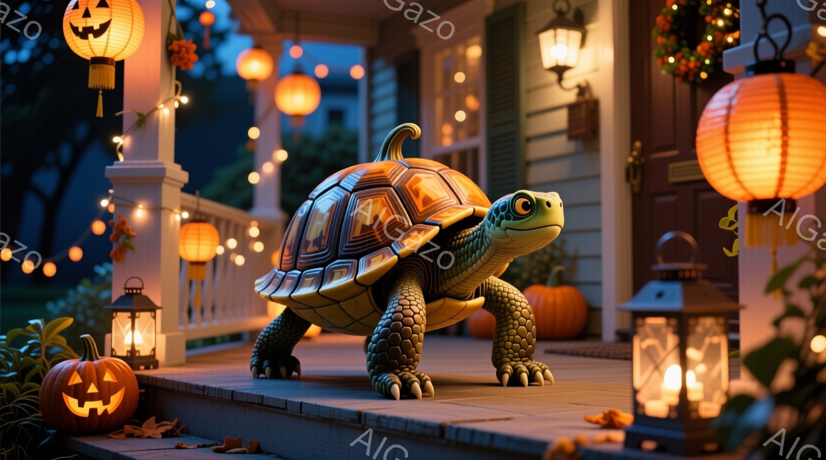 庭の階段に大きなカメが立っており、ハロウィーンの装飾が施されたポーチが背景に見えます。カメは正面を向き、少し上目遣いで、まるで訪問者を見つめているようです。オレンジ色の提灯やジャック・オ・ランタンが暖かく照らし、秋らしい葉が散らばる中で、少し不思議で楽しい雰囲気を醸し出しています。
