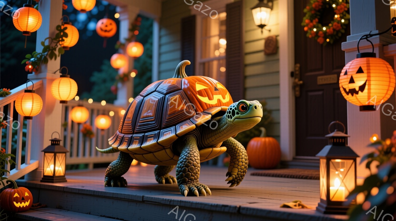 ハロウィーンの装飾が施された家の玄関ポーチに、カボチャの殻を背負った可愛らしいカメが立っています。カメは前足を前に出し、少し上目遣いで何かを見ているような表情をしています。背景には、オレンジ色のランタ - AI生成フリー素材