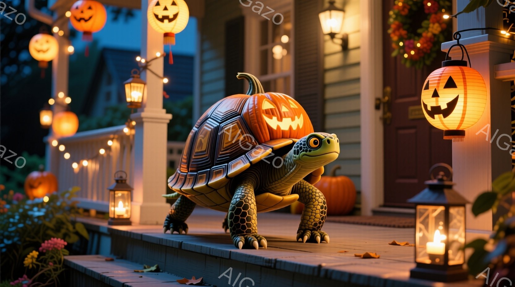 ハロウィーンの飾り付けがされた家の玄関前に、カボチャの殻を背負ったカメが立っています。カメは前足を前に出し、少し上を見上げるような姿勢で、好奇心旺盛な表情をしています。背景には、オレンジ色の提灯やカボチャ、そして暗闇に浮かぶ家のシルエットがあり、温かく幻想的な雰囲気が漂っています。