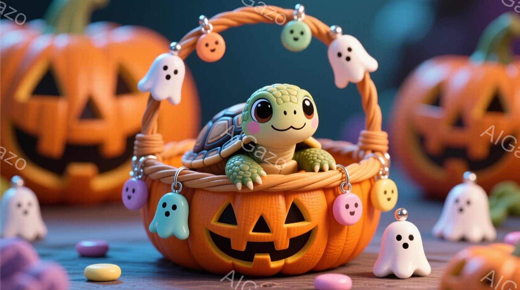 明るいオレンジ色のハロウィン風かごの中に、小さな緑色のカメが座っています。かごの周りには、パステルカラーの可愛いお化けとキャンディが散りばめられており、背景には大きなジャック・オ・ランタンがぼんやりと見えます。全体的に明るく、キュートで遊び心のある、ハロウィンの雰囲気を表現したイラストです。