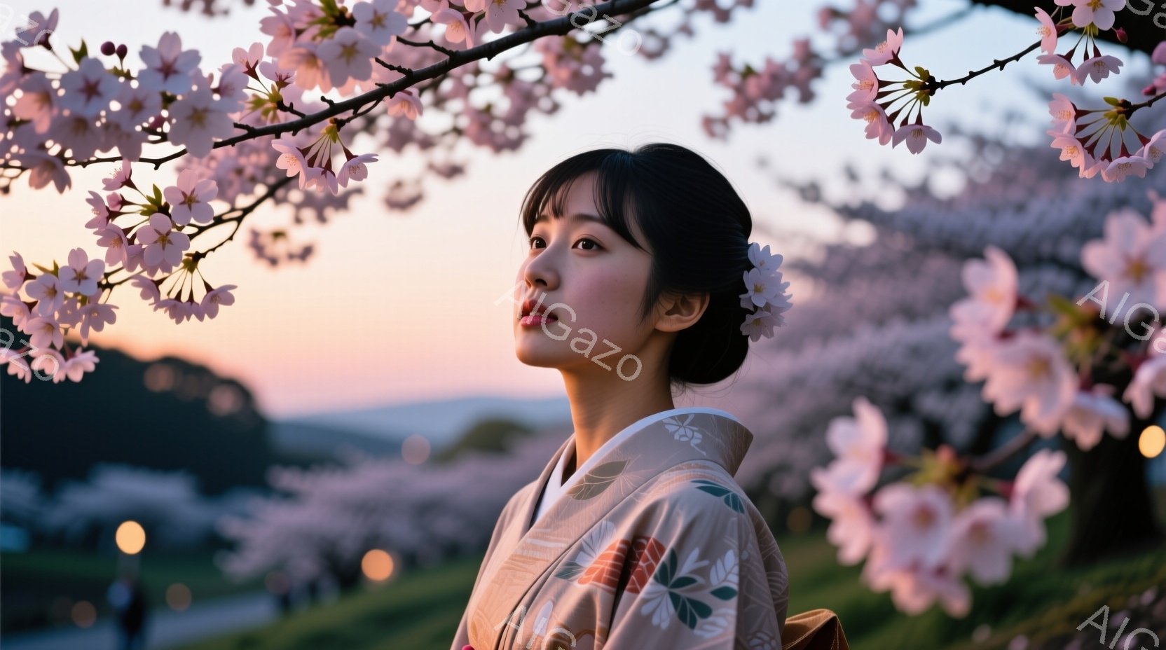着物姿の若い女性が、桜並木の道を歩いている様子が写っている。彼女はクリーム色の着物を着ており、髪には白い花飾りをつけている。背景にはぼやけた街並みと、夕焼けのような空が広がり、全体的に穏やかで幻想的な - AI生成フリー素材