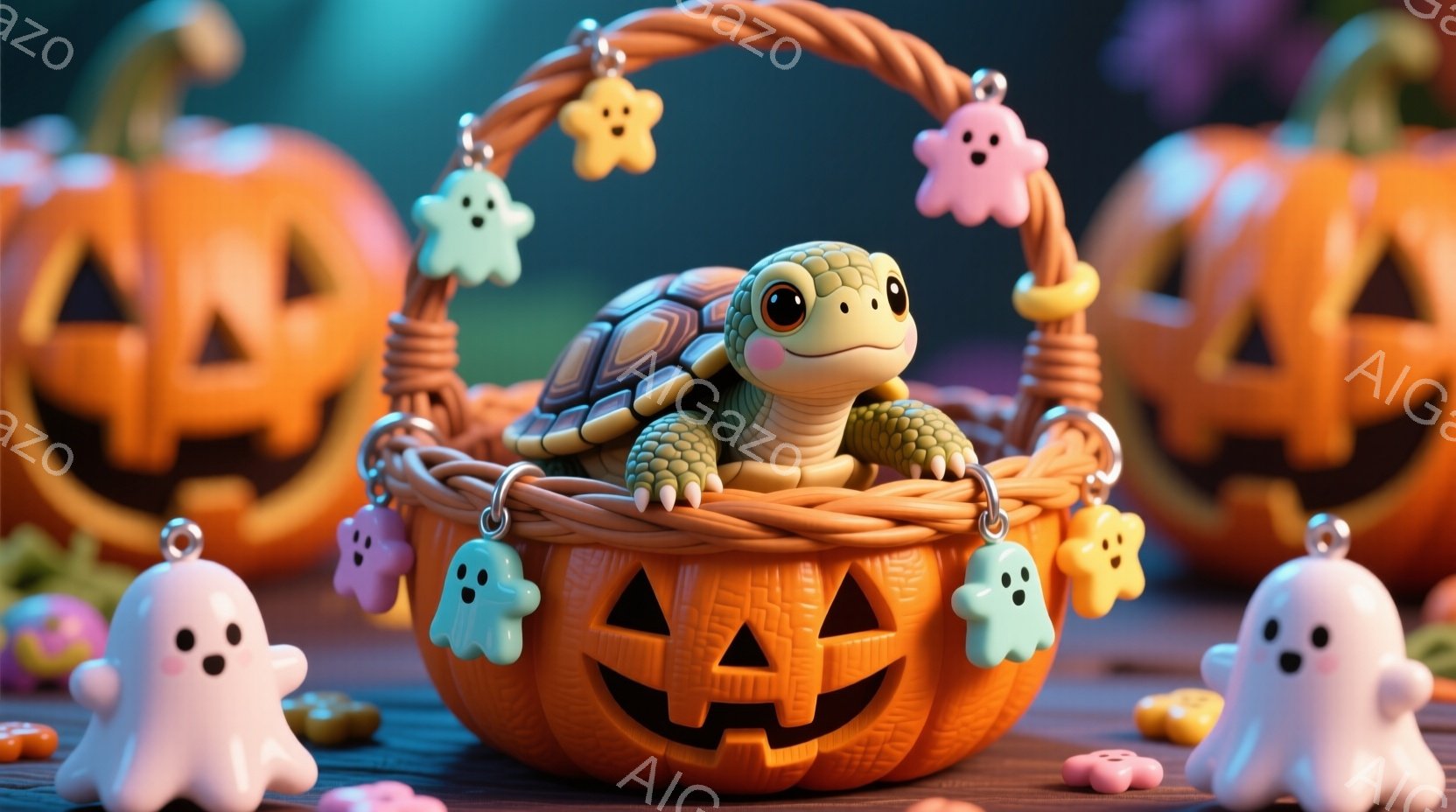 オレンジ色のジャック・オー・ランタンのバスケットに、小さな可愛い亀が座っています。周りには、青やピンクの小さな幽霊の飾りと、オレンジ色のキャンディが散りばめられており、ハロウィンの楽しい雰囲気が漂って - AI生成フリー素材