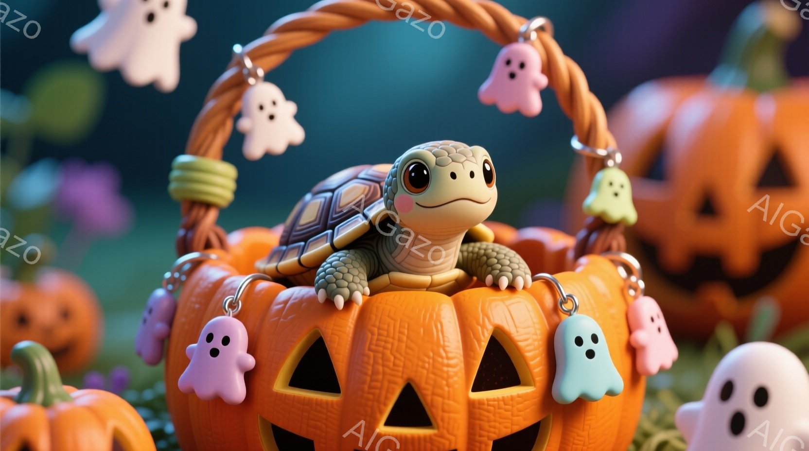 小さなカメが、ジャック・オー・ランタンを模したバスケットの中に座っています。カメはピンク色の可愛いお化けの飾りと、オレンジ色のバスケットの持ち手にぶら下がったお化けに囲まれ、楽しそうにこちらを見ていま - AI生成フリー素材