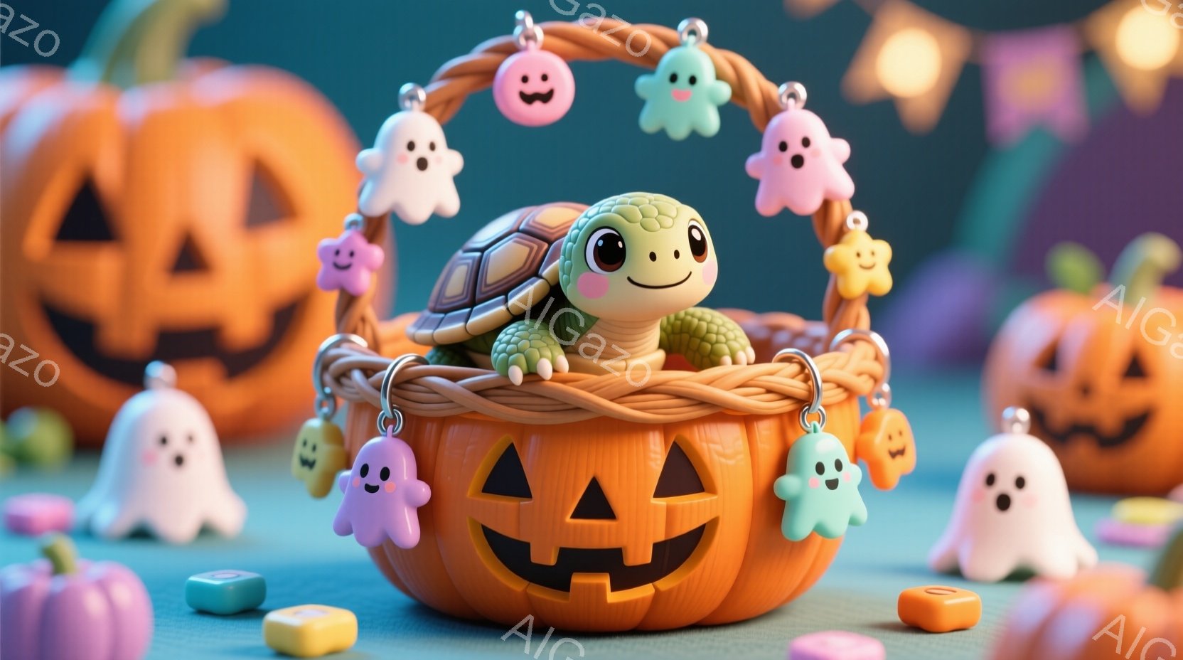 オレンジ色のジャック・オー・ランタンの籠の中に、可愛らしい緑色のカメがちょこんと座っています。周りにはパステルカラーの幽霊の飾りとキャンディが散りばめられ、ハロウィーンの楽しい雰囲気を醸し出しています - AI生成フリー素材