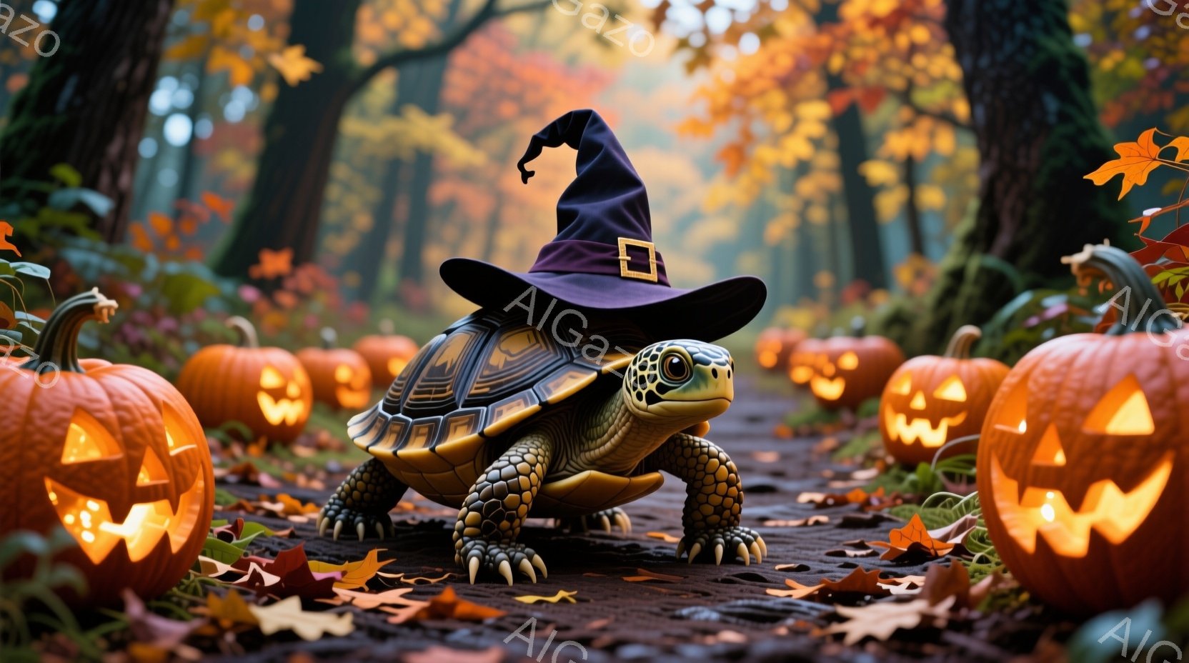 カメがハロウィーンの帽子をかぶって、落ち葉が散らばる森の小道に立っている。周りにはジャック・オー・ランタンがいくつか配置され、秋の雰囲気を醸し出している。カメは前足を少し前に出し、少しいたずらっぽい表情をしているように見える。