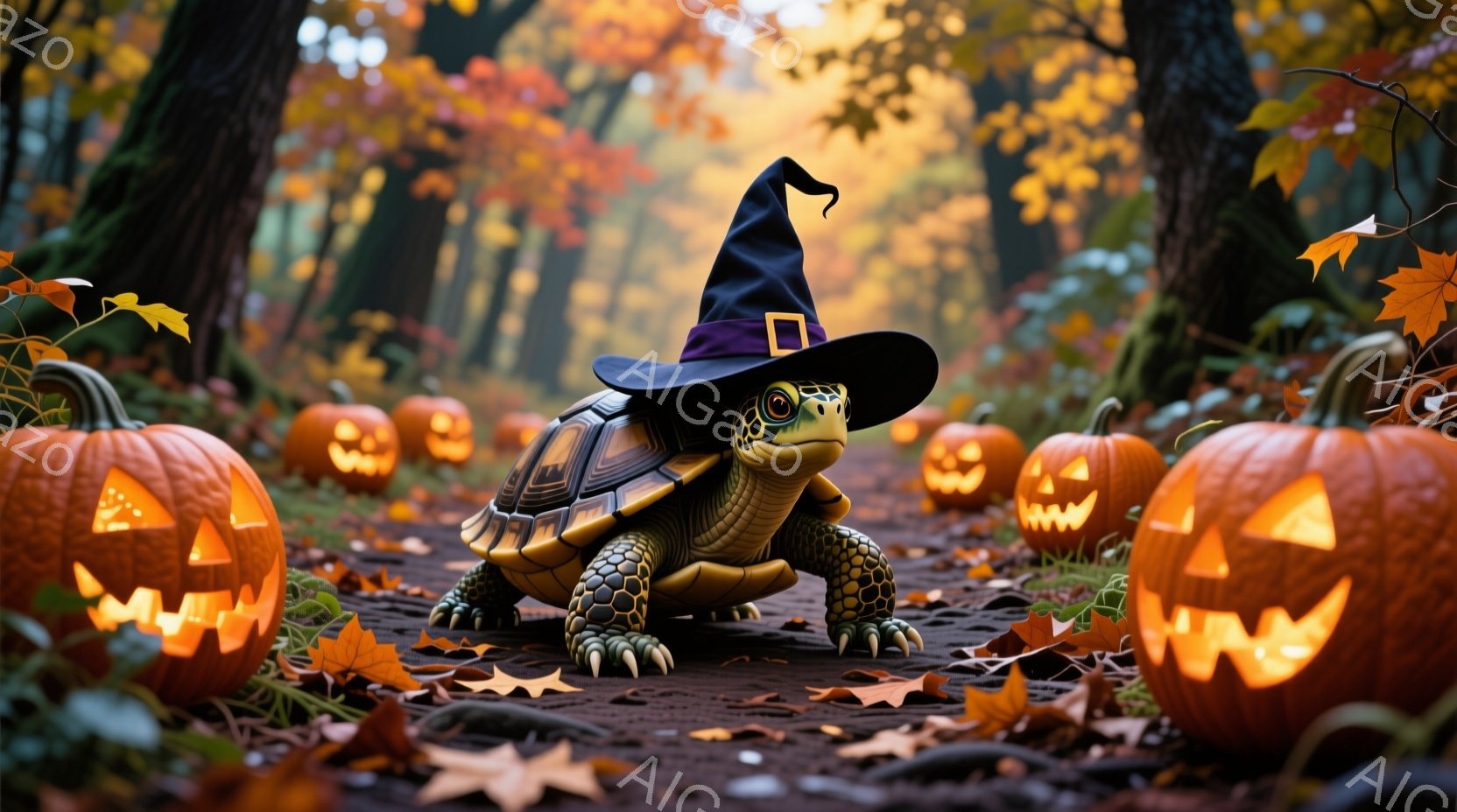 カメがハロウィーンの帽子をかぶり、オレンジ色のジャック・オー・ランタンに囲まれた森の道に立っている。カメは前足を前に出し、少し上目遣いでこちらを見ている。背景は紅葉した木々で、地面には落ち葉が散らばり - AI生成フリー素材