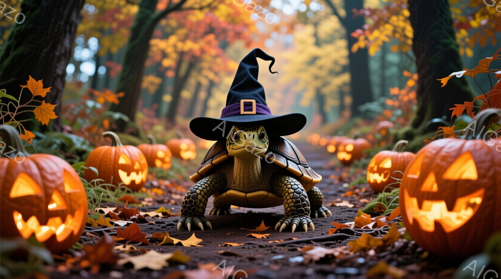 カメがハロウィーンの帽子をかぶり、彫刻されたカボチャに囲まれた森の小道をまっすぐ見つめています。背景には、鮮やかな紅葉と、地面に散らばる落ち葉が見られ、秋の雰囲気を感じさせます。全体的に、遊び心があり - AI生成フリー素材