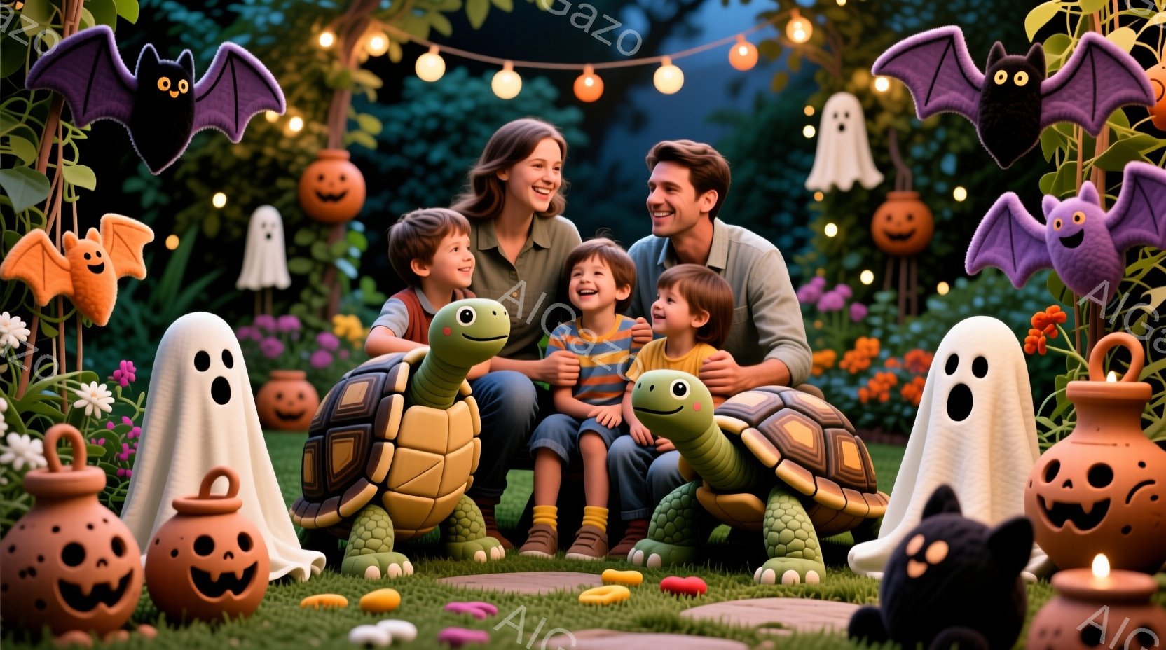 庭で、笑顔の女性と男性、そして2人の幼い子供たちが、2匹のかわいい亀と座って楽しんでいます。女性は茶色の髪をしており、赤い服を着ています。背景にはハロウィーンの装飾、幽霊、カボチャ、コウモリ、そしてカラフルなキャンディーが散りばめられ、温かく、お祝いムードの秋の夜を表しています。
